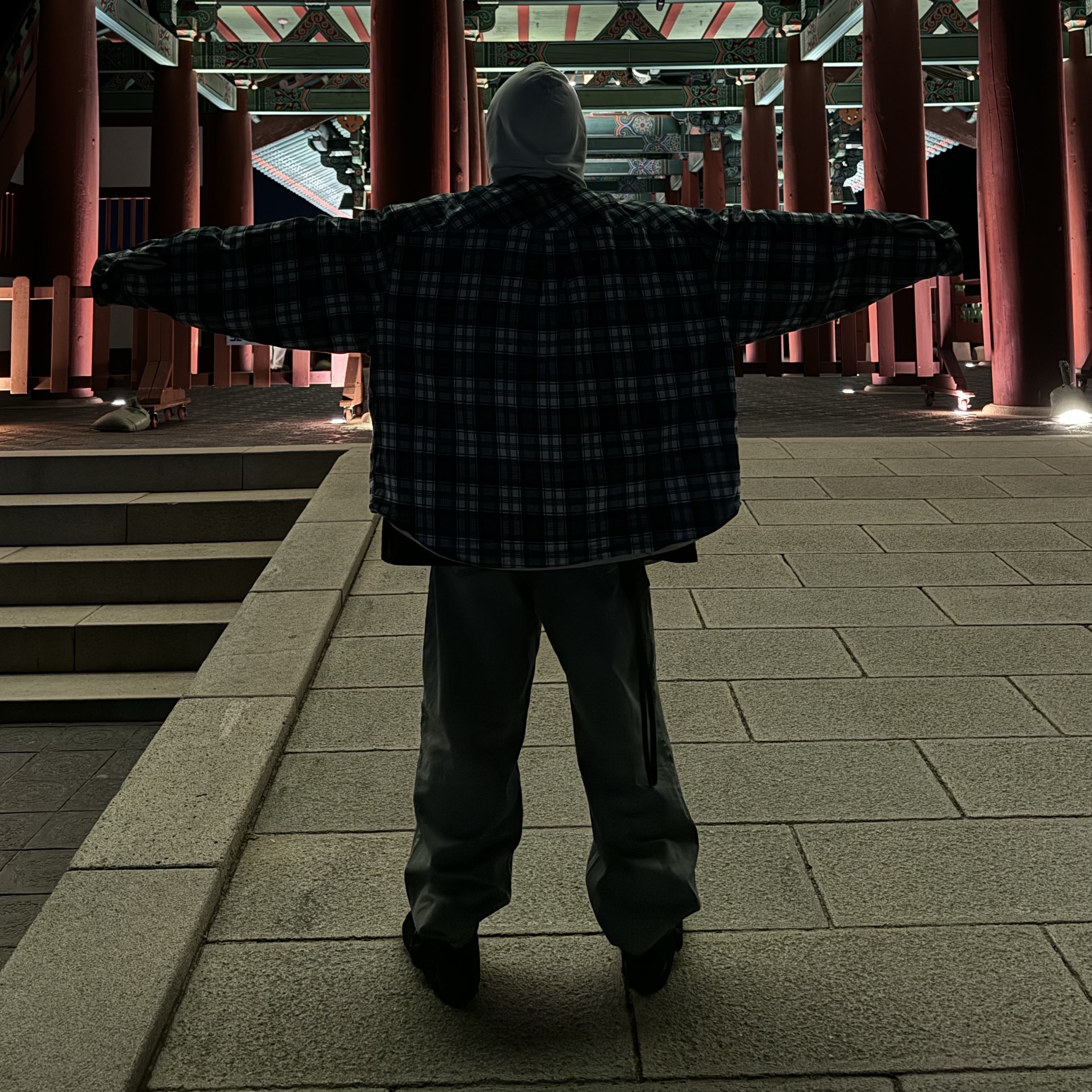Project G/R Reversible Hooded Check Shirt Blue Green Beige 착용 스타일 - 3