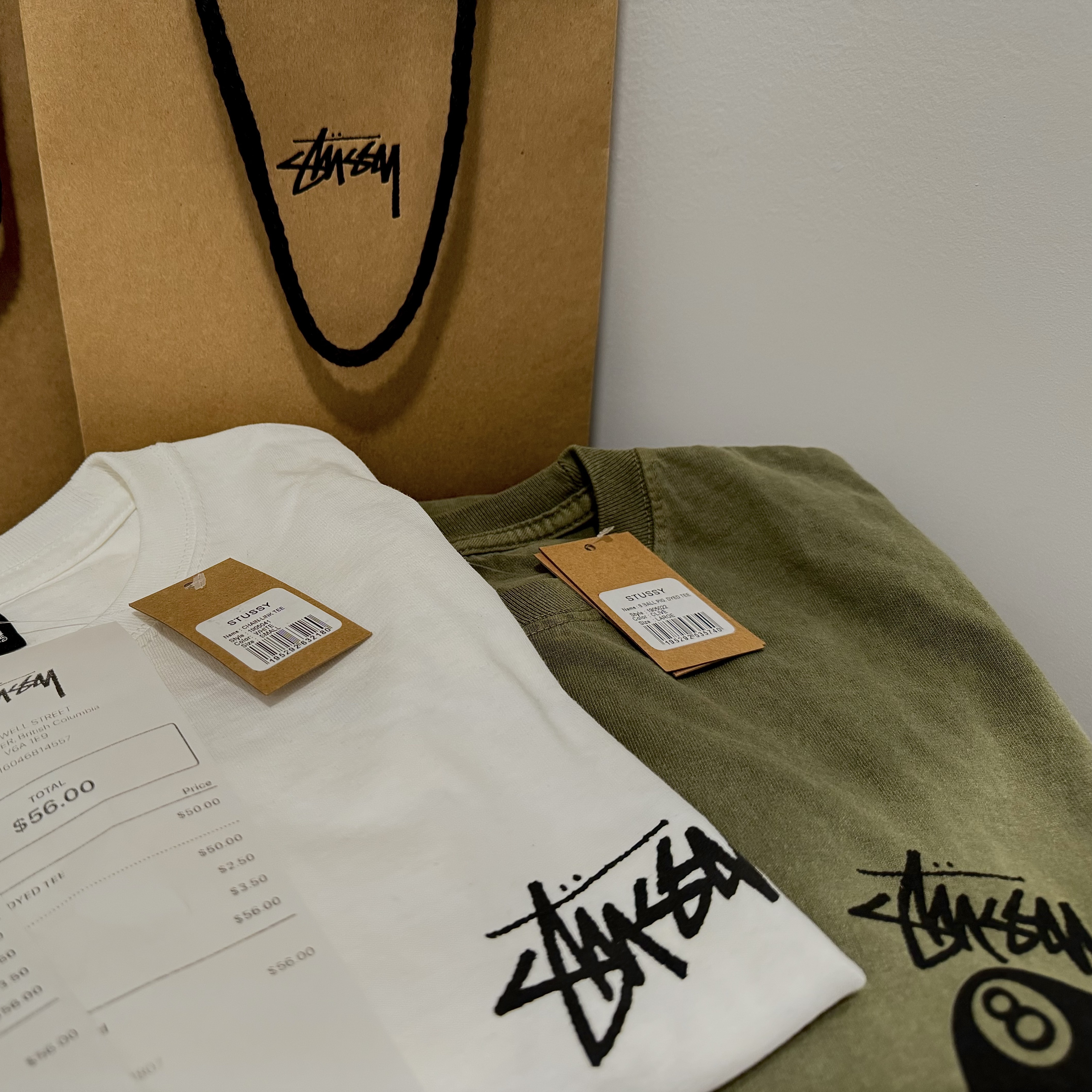 Stussy Chain Link T-Shirt White, Stussy 8 Ball Pigment Dyed T-Shirt Olive 착용 스타일