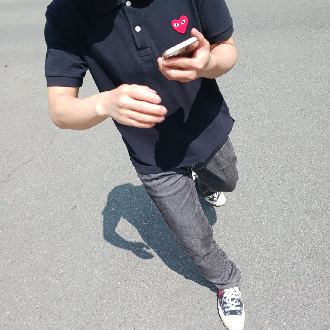 New Balance 530 Steel Grey, Play Comme des Garcons Red Heart Polo Shirt Black 착용 스타일 - 2