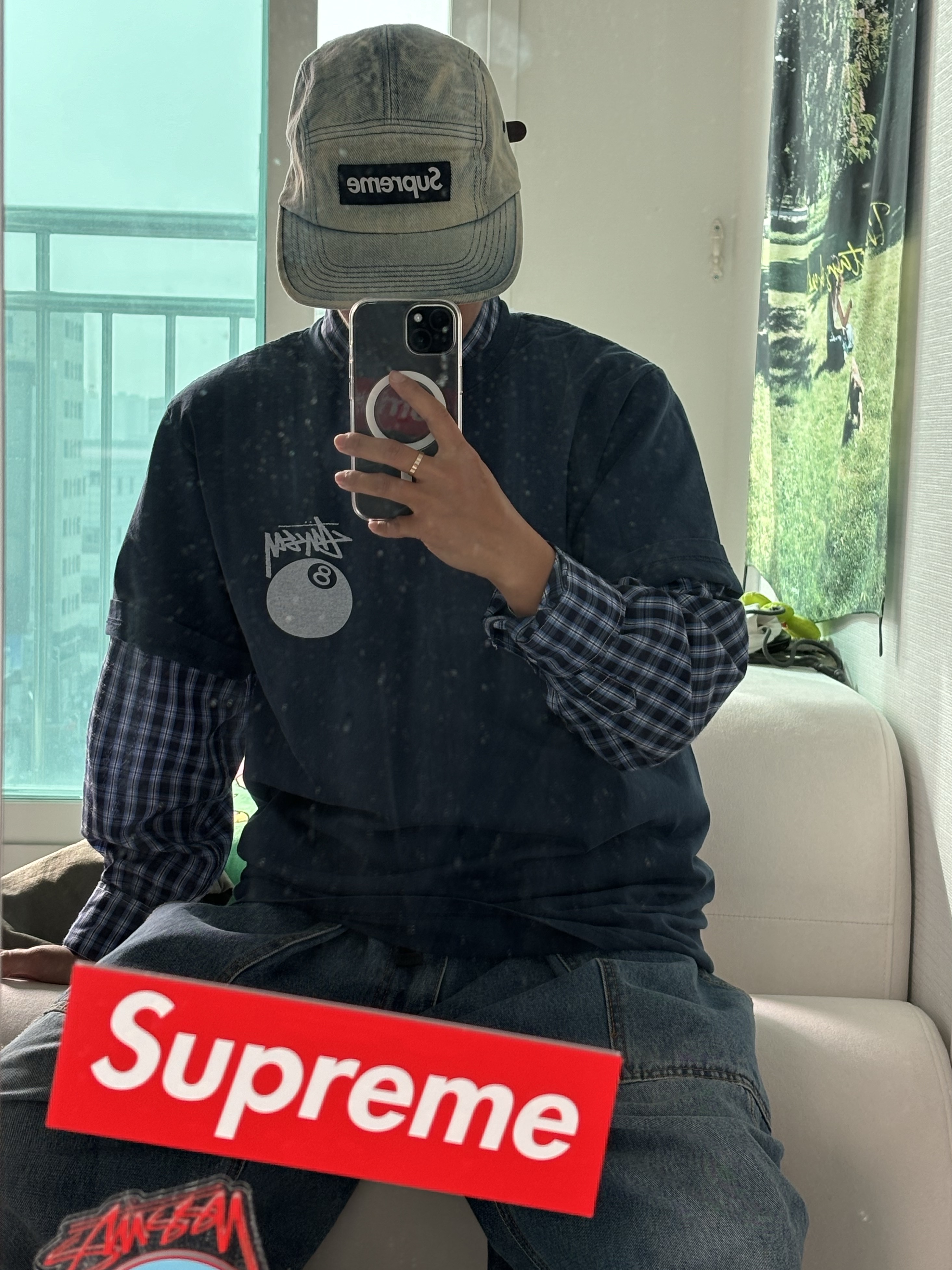 Stussy 8 Ball Pigment Dyed T-Shirt Navy, Supreme Washed Chino Twill Camp Cap Dirty Indigo - 24SS 착용 스타일