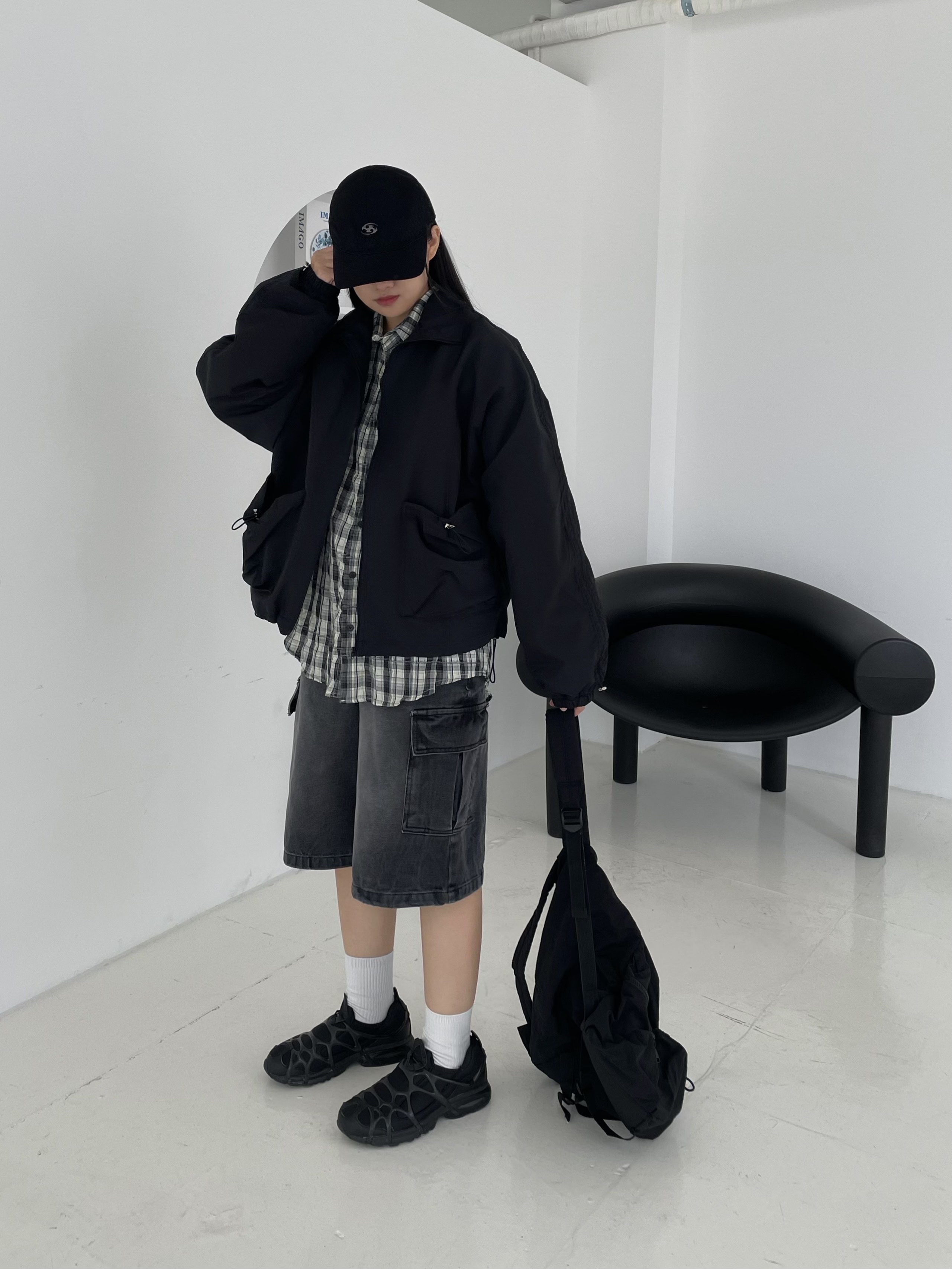 Sansan Gear Curve Panel Cap Black - 24SS, Nike Air Kukini Triple Black 착용 스타일 - 2
