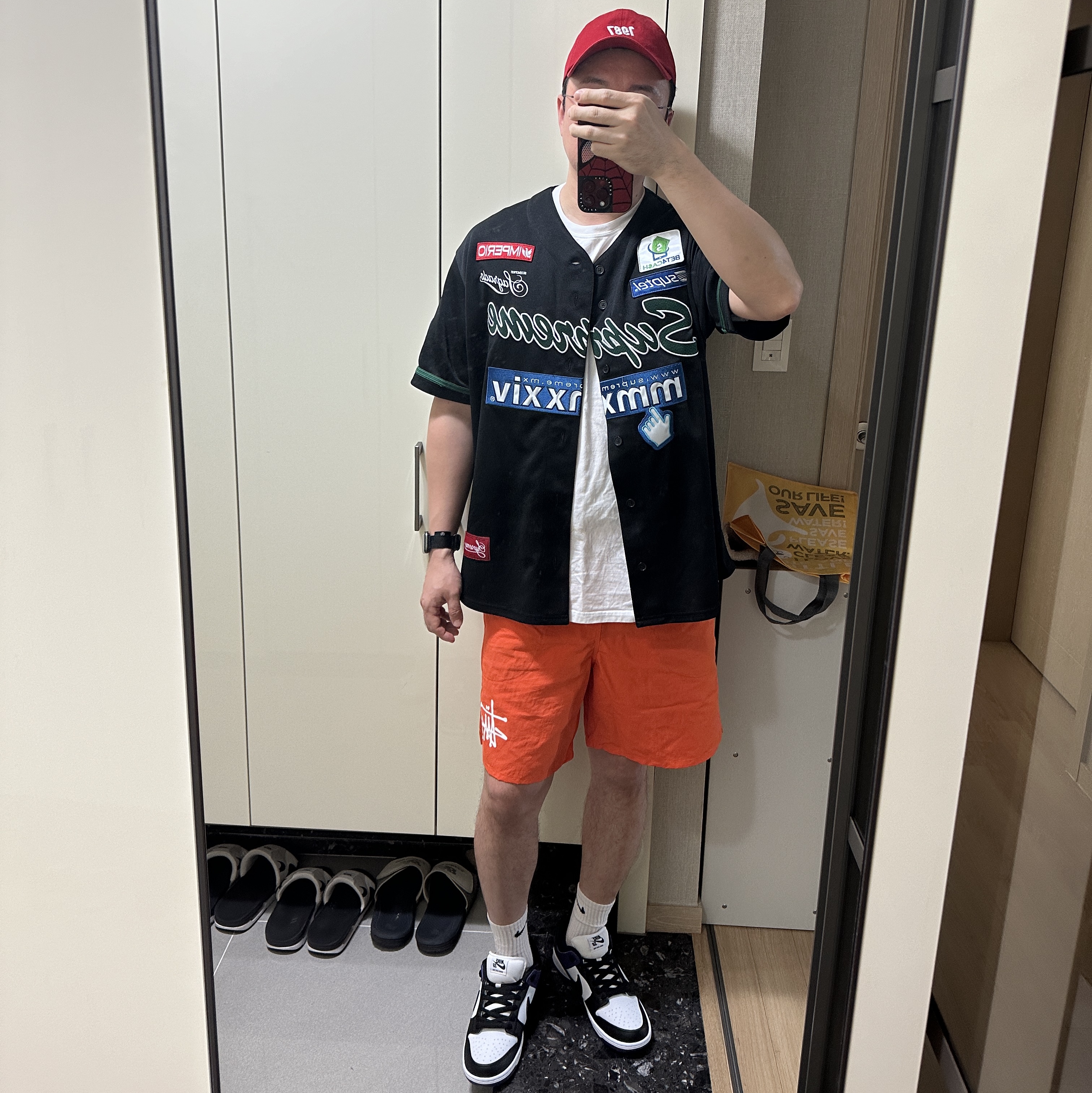 Supreme Chosen One Baseball Jersey Black - 24SS, Stussy Big Basic Water Shorts Bright Orange 착용 스타일