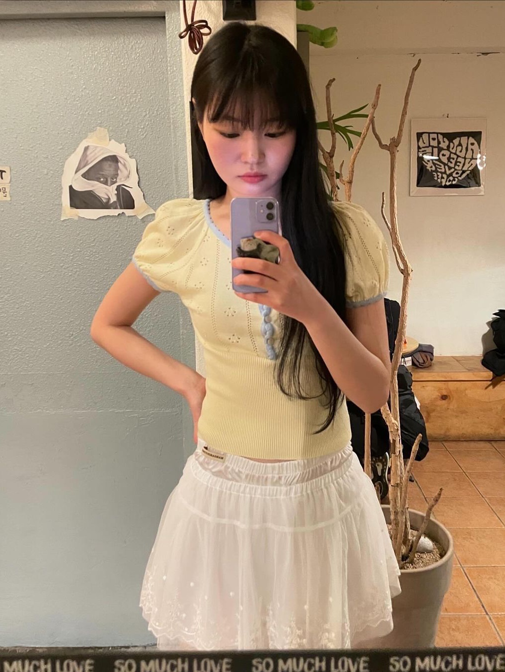 Margarin Fingers Petit Pointelle Knit Light Yellow, Margarin Fingers Petit Pointelle Knit Light Blue 착용 스타일