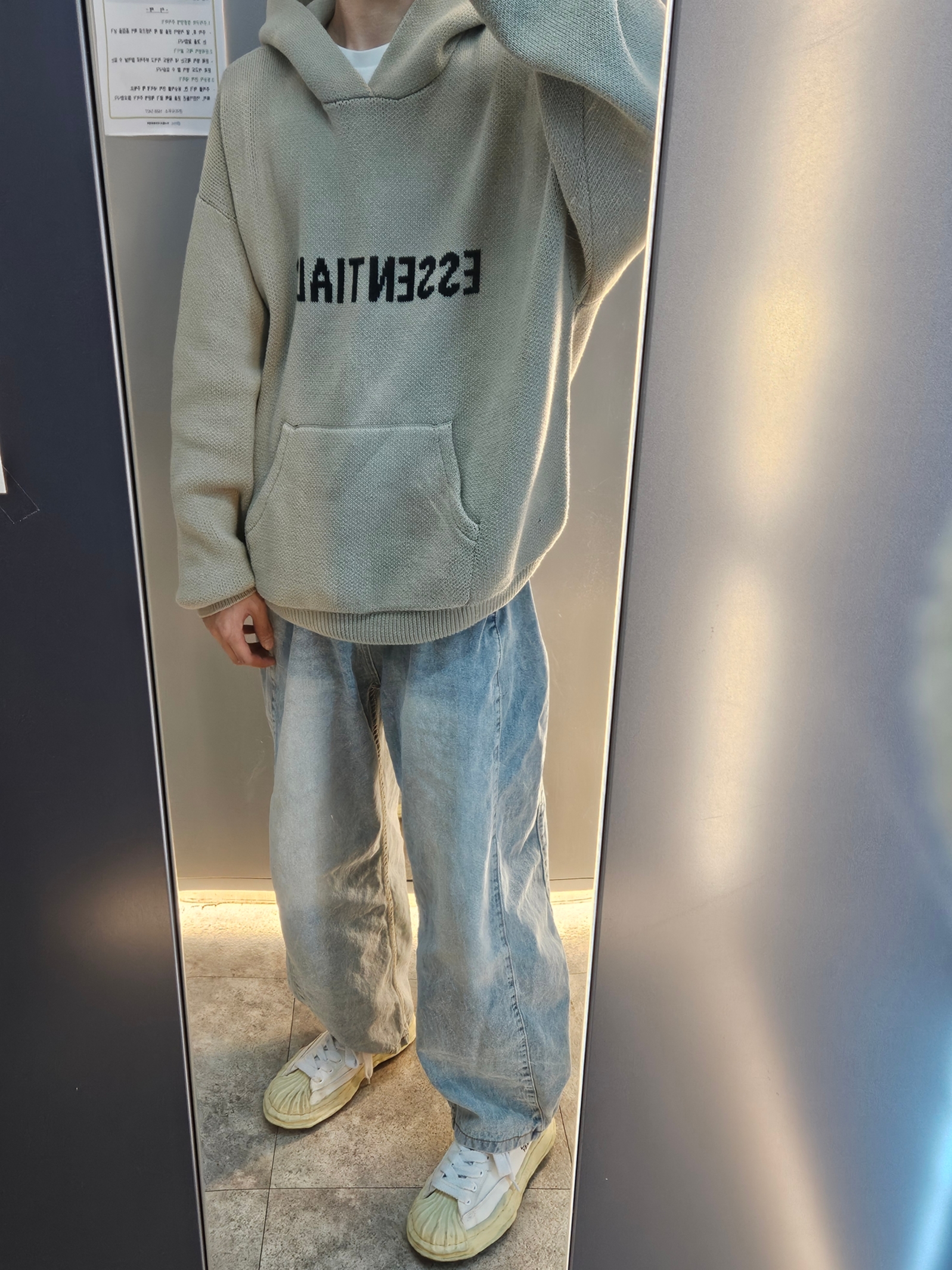 Maison Mihara Yasuhiro Blakey VL OG Sole Canvas Low-top Sneakers White, Essentials Knit Pullover Hoodie Oatmeal - 21SS 착용 스타일 - 1