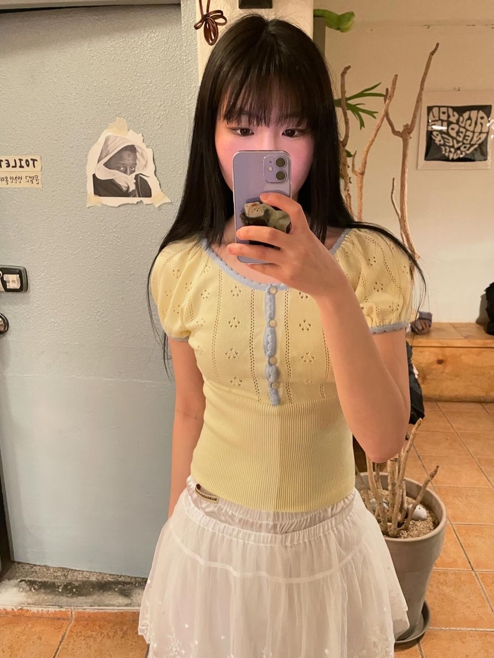 Margarin Fingers Petit Pointelle Knit Light Yellow, Margarin Fingers Petit Pointelle Knit Light Blue 착용 스타일