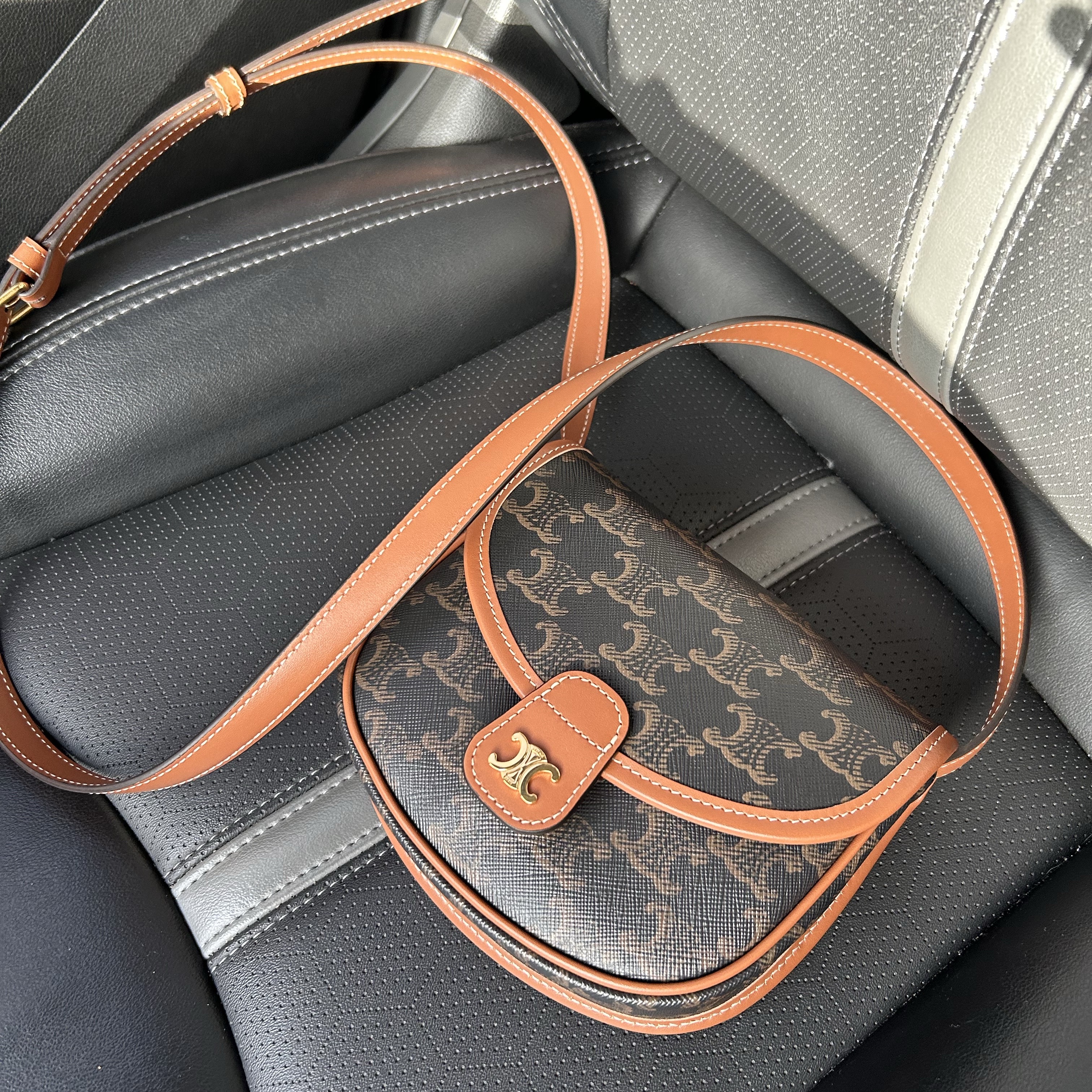 Celine Mini Besace in Triomphe Canvas and Calfskin Tan 착용 스타일 - 3