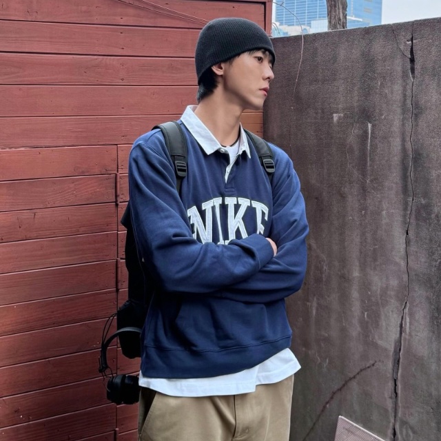 Nike Club Fleece Long Sleeve Fleece Polo Midnight Navy - Asia 착용 스타일 - 1