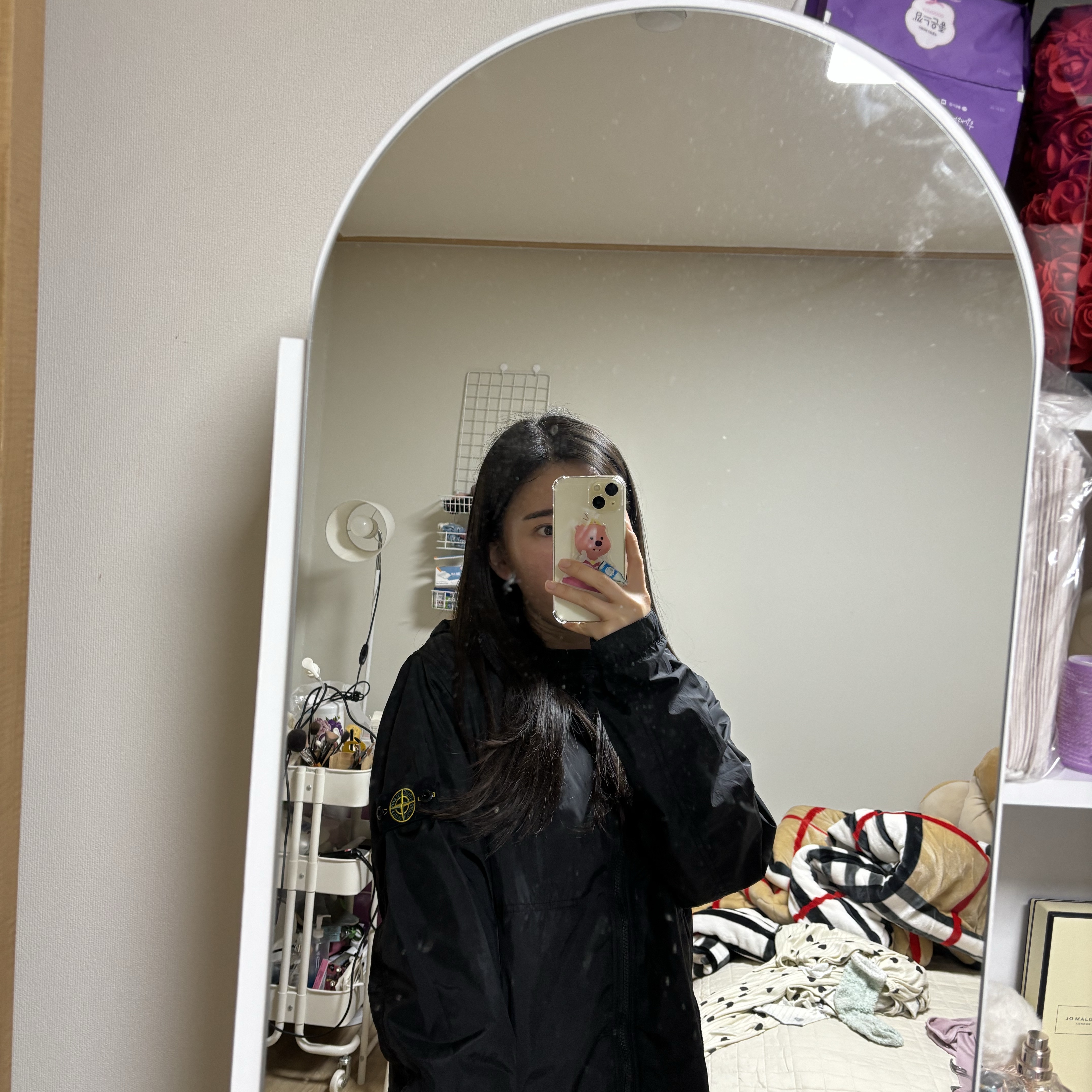(Kids) Stone Island 40233 Crinkle Reps Nylon Cotton Jersey Lining Hooded Jacket Black - 24SS 착용 스타일