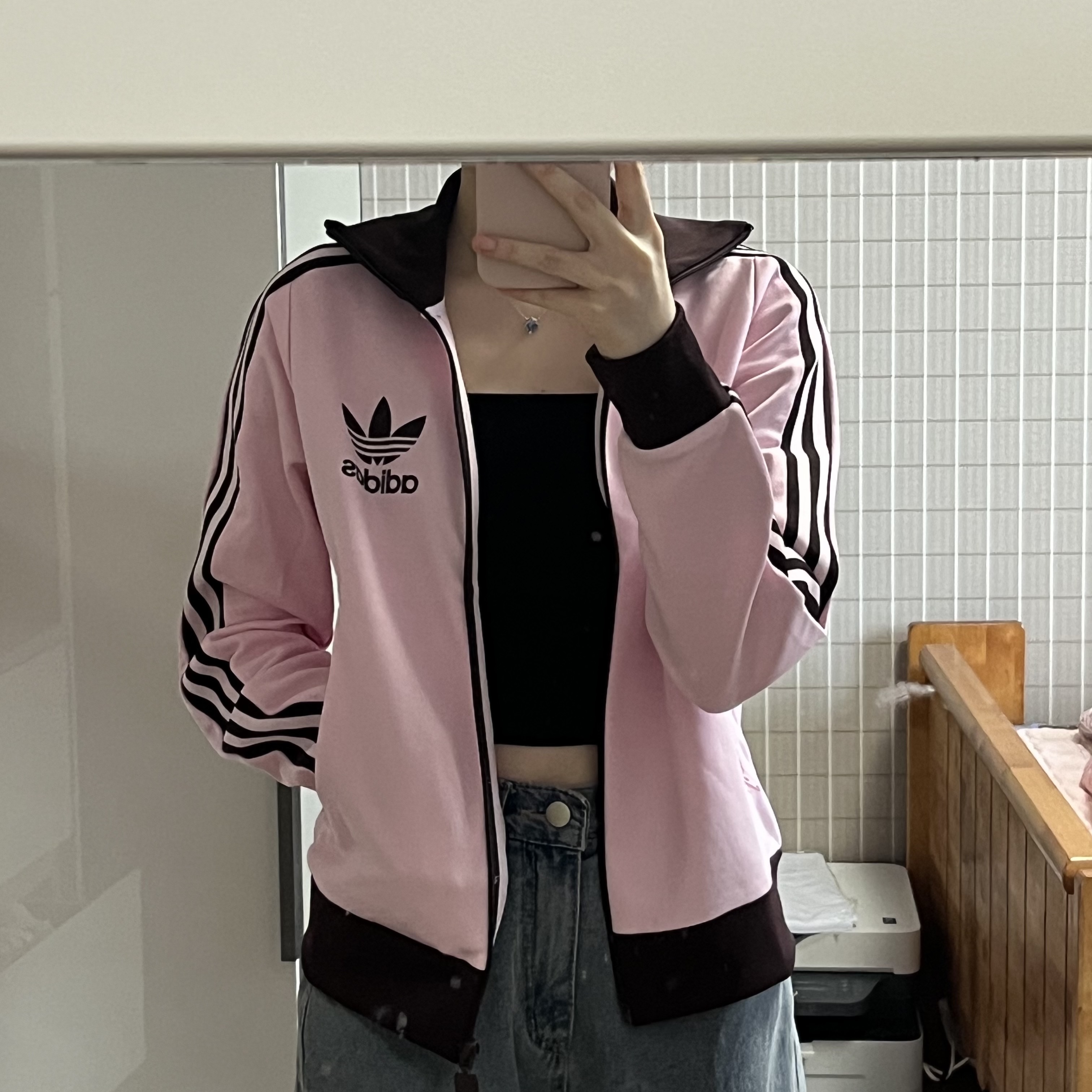 (W) Adidas Originals Beckenbauer Track Jacket Clear Pink - KR Sizing 착용 스타일