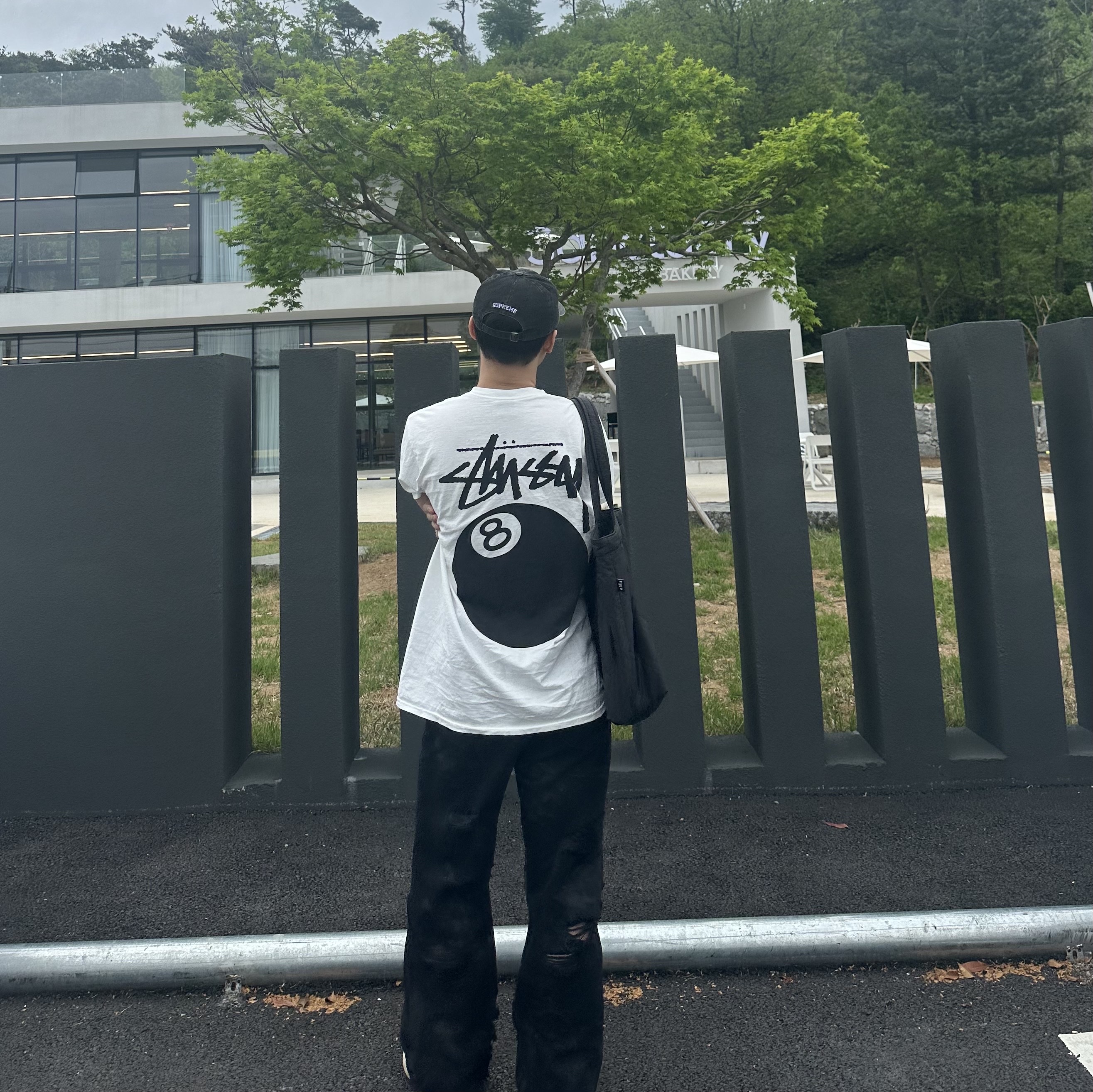 Jordan 1 Retro High OG Chicago 2022, Stussy 8 Ball Pigment Dyed T-Shirt Natural 착용 스타일 - 4