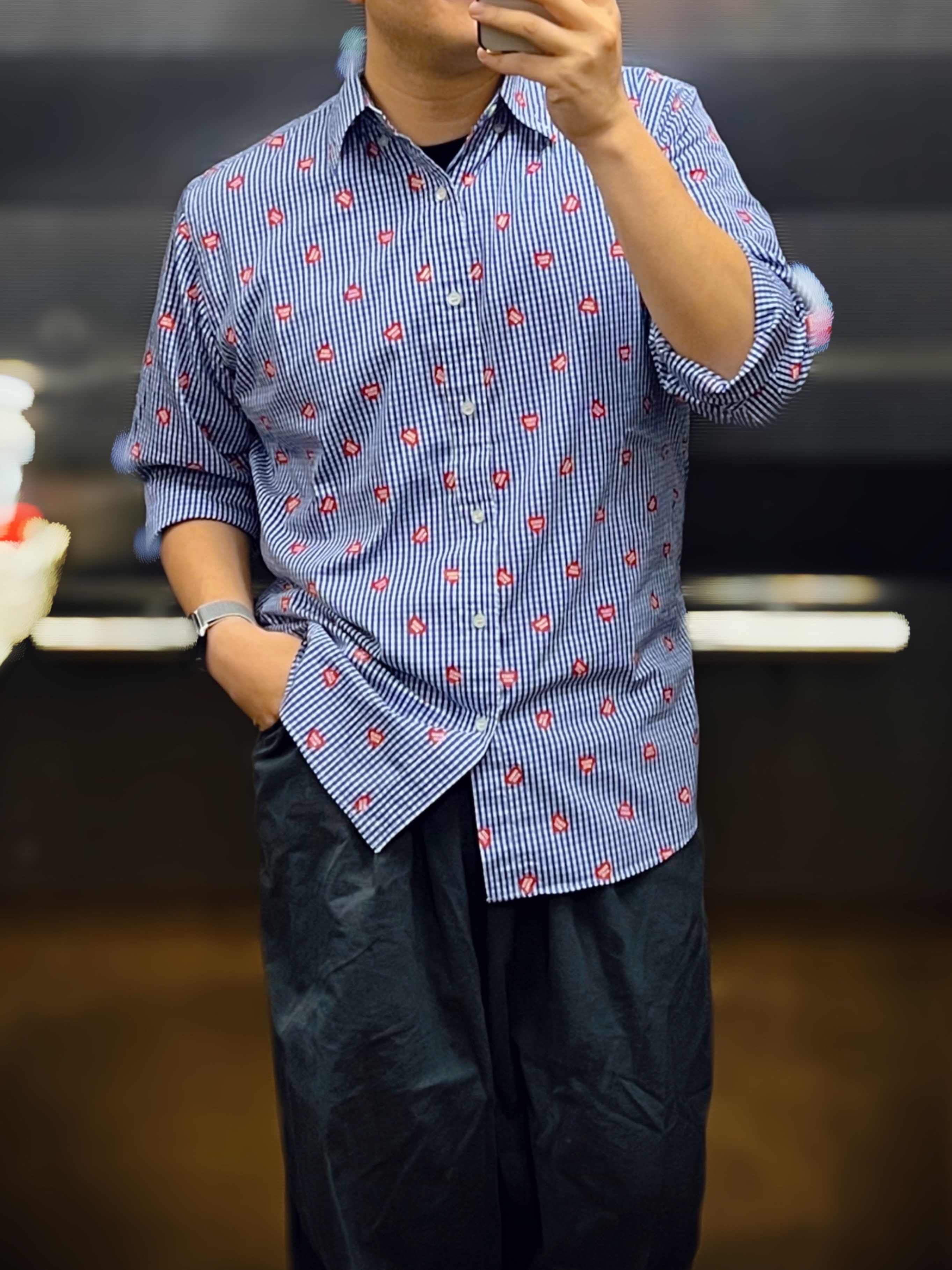 Human Made Heart Gingham Check Shirt Blue 착용 스타일 - 1