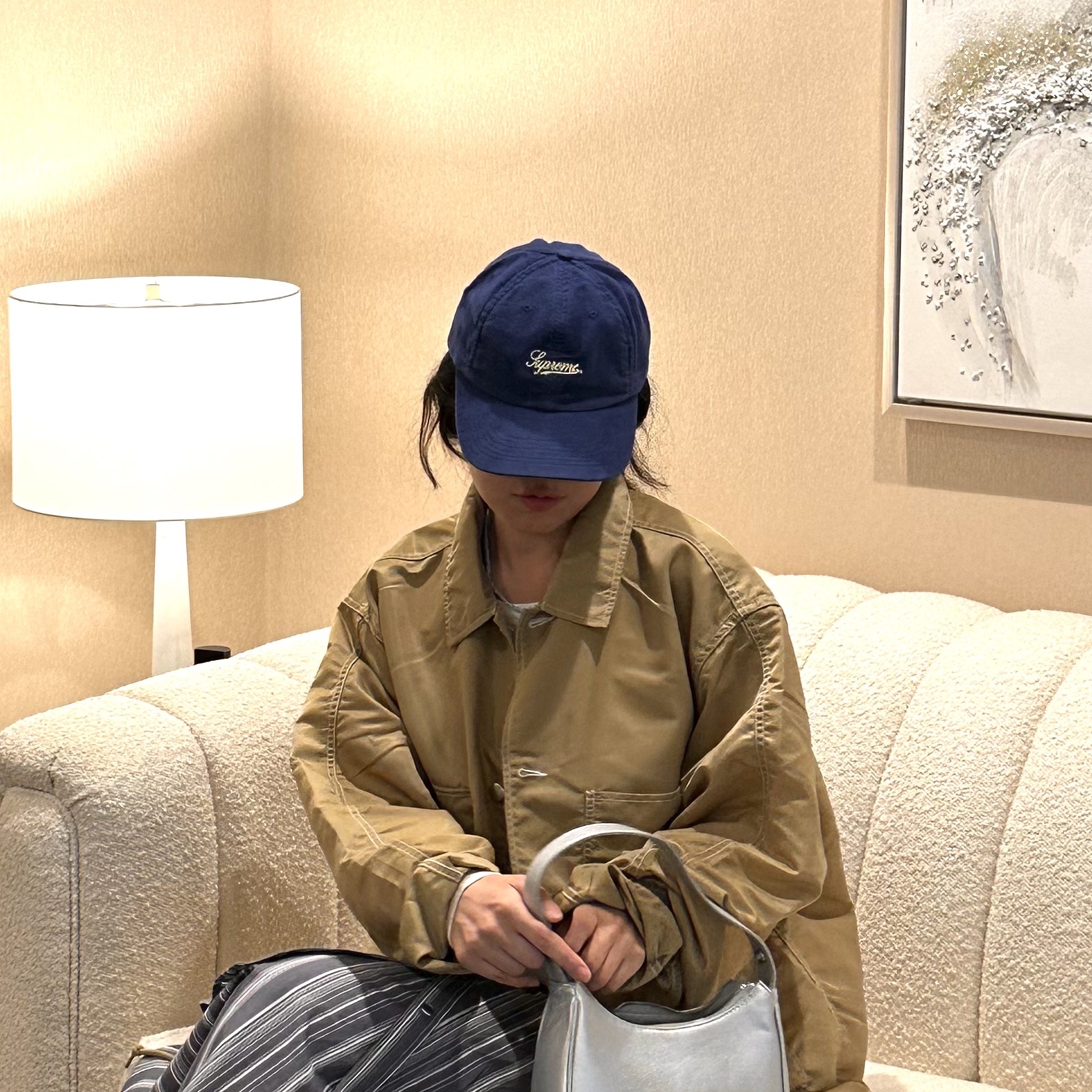 Supreme Lightweight Moleskin 6-Panel Blue - 24SS, Supreme Nylon Chore Coat Tan - 24SS 착용 스타일