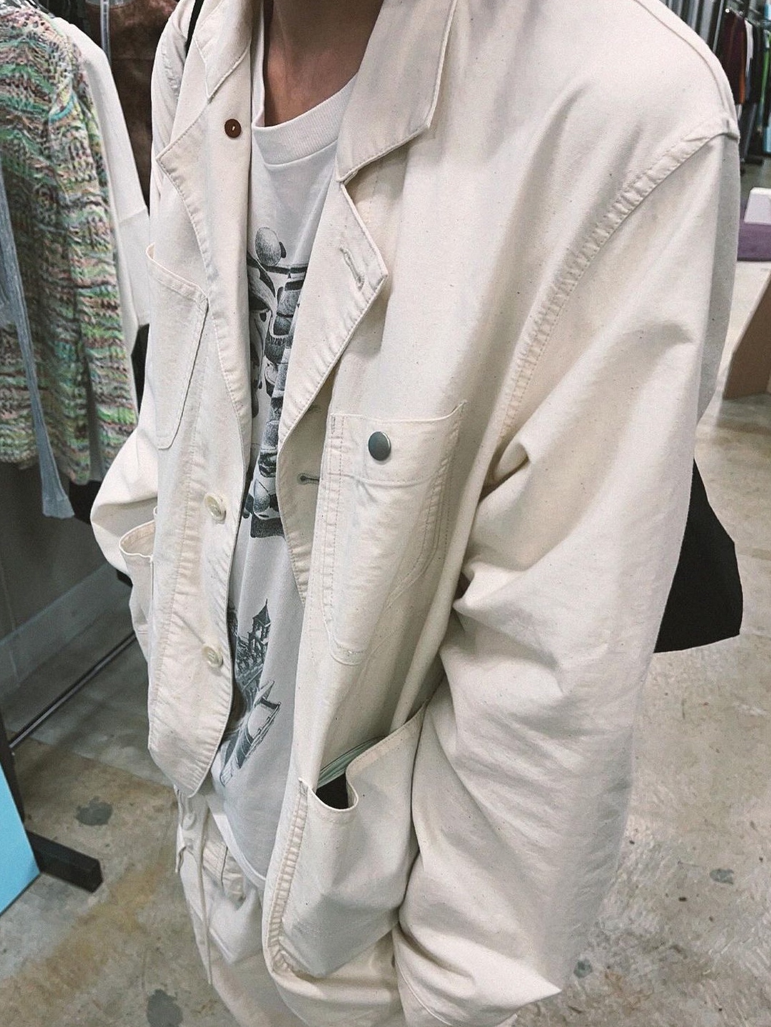 Amaiyuutsu Natural Coverall Jacket Natural, Amaiyuutsu Nep Denim Coverall Jacket Indigo 착용 스타일
