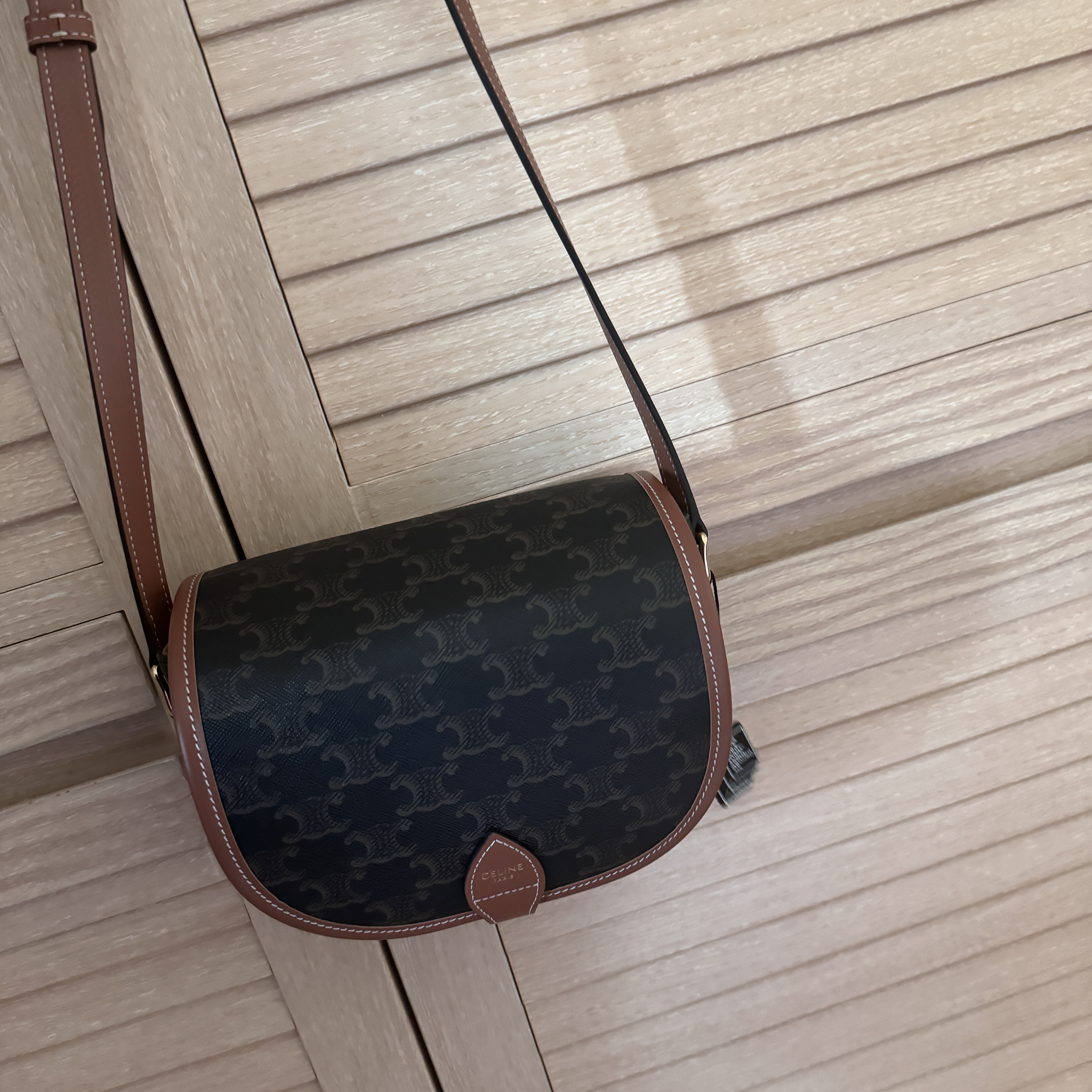 Celine Medium Folco Bag in Triomphe Canvas and Calfskin Tan 착용 스타일
