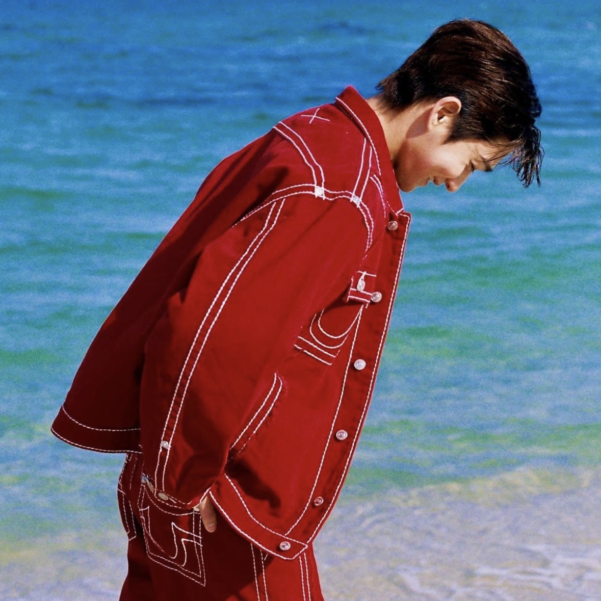 True Religion Scar Washed Jacket Red, True Religion Scar Washed Denim Pants Red 착용 스타일 - 2