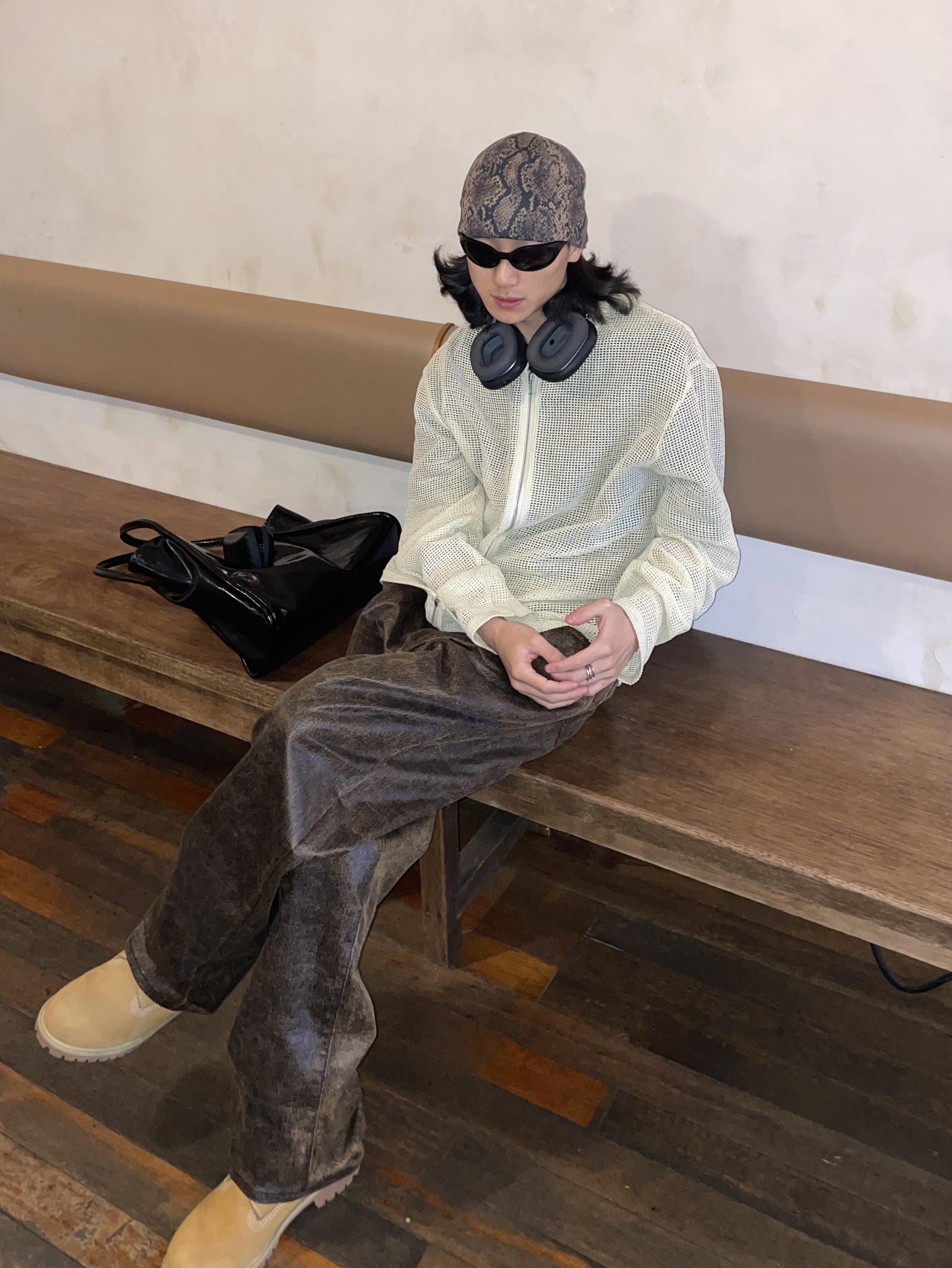 Stussy Cotton Mesh Zip LS Shirt Natural 착용 스타일 - 1