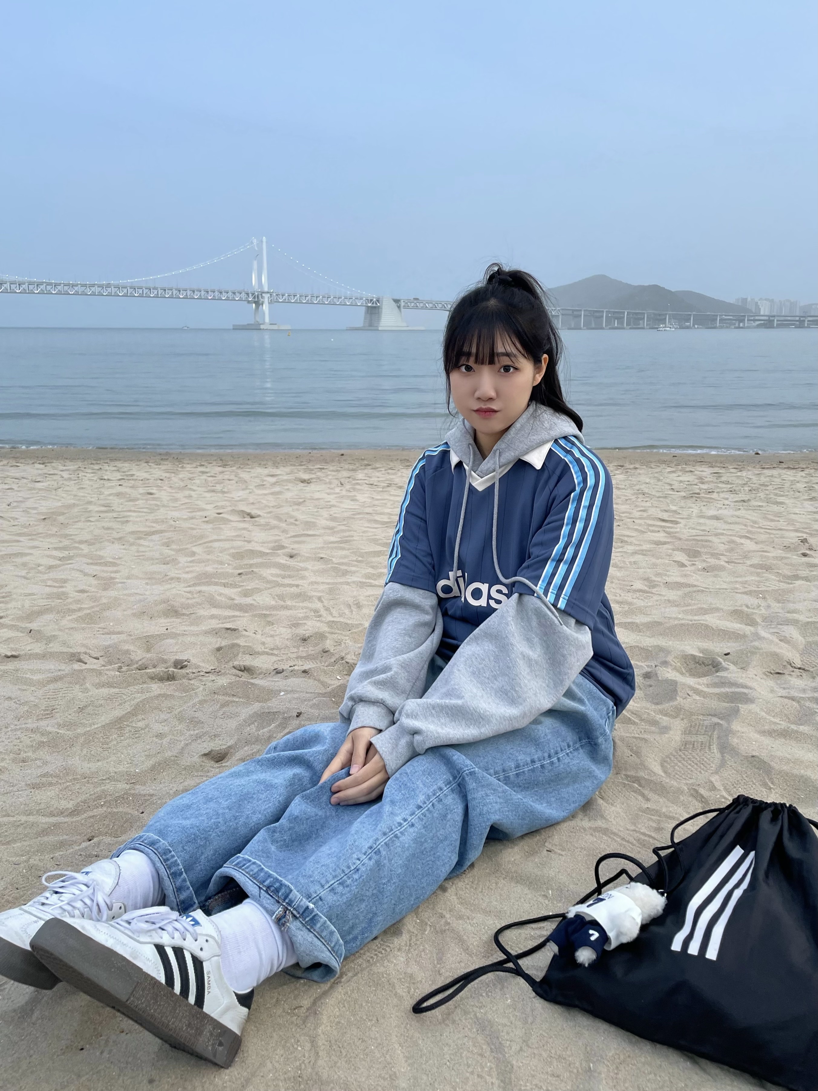 Adidas Pinstripe Jersey Preloved Ink - KR Sizing, (W) Adidas Sambarose White Black Gum 착용 스타일 - 2