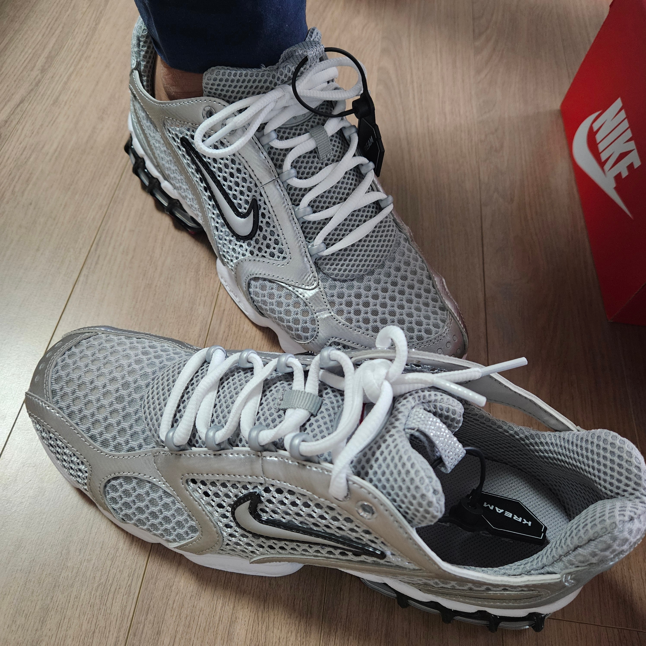 Nike Air Zoom Spiridon Cage 2 Metallic Silver 착용 스타일 - 2