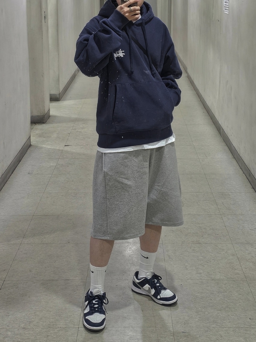 Stussy Basic Stussy Hoodie Navy 2022, Nike Dunk Low Midnight Navy 착용 스타일