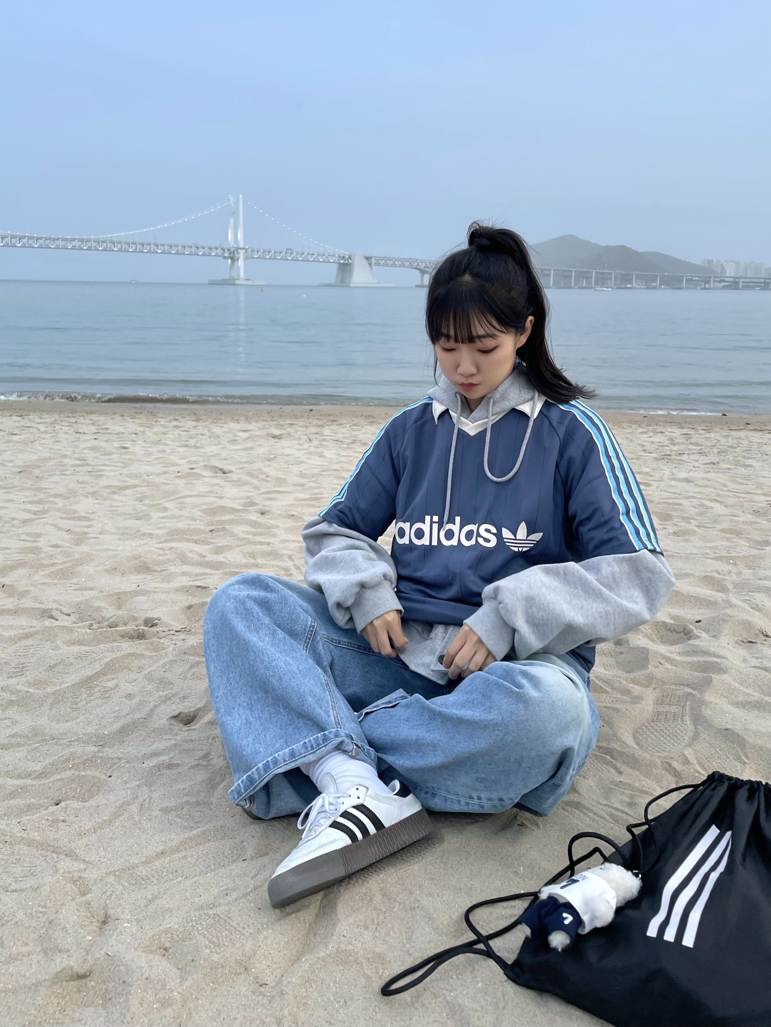 Adidas Pinstripe Jersey Preloved Ink - KR Sizing, (W) Adidas Sambarose White Black Gum 착용 스타일 - 1