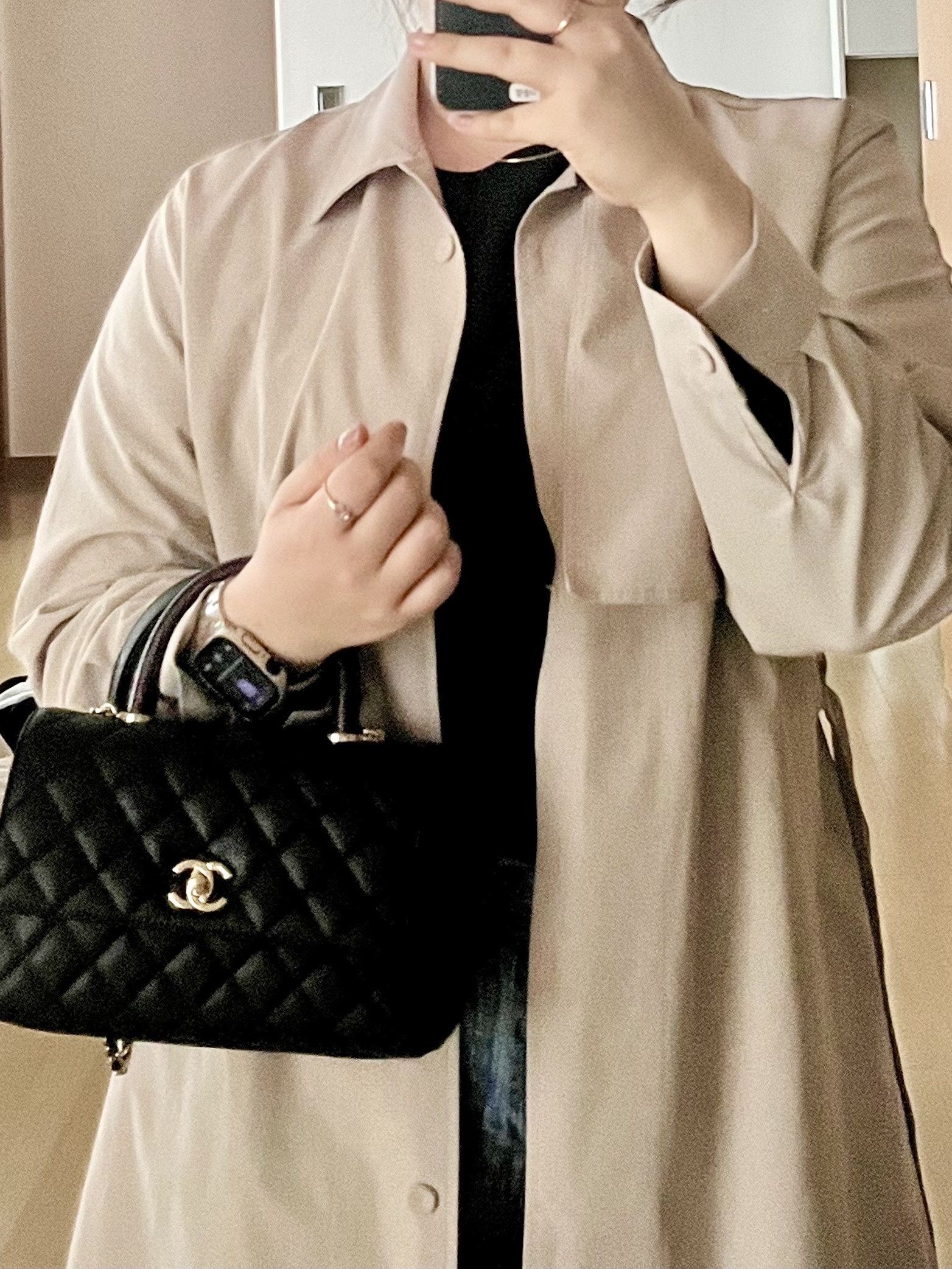 Chanel Flap Bag with Top Handle Grained Calfskin & Gold Black 착용 스타일 - 1