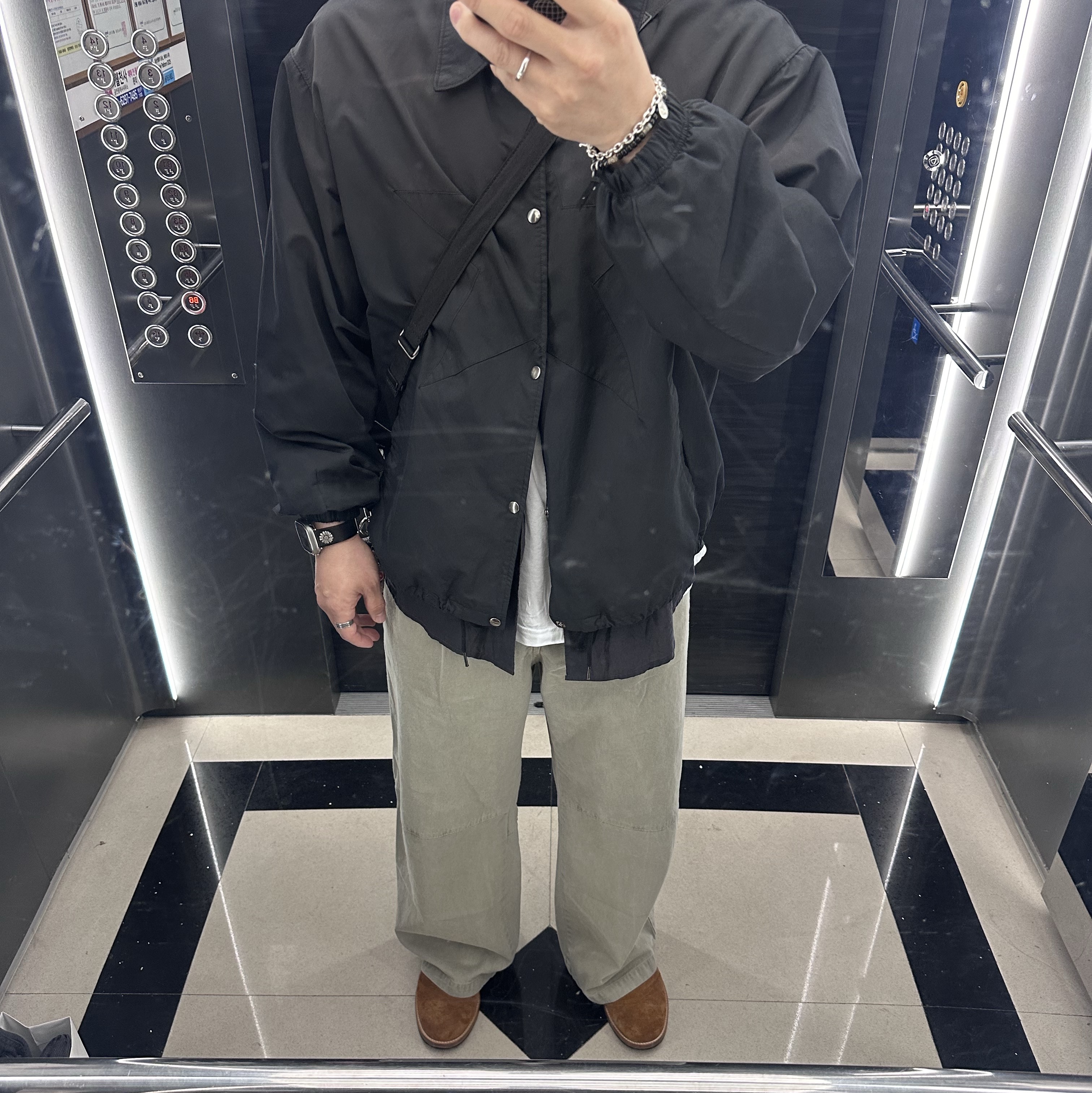 Polyteru x 1011 Star Coach Jacket Used Dark Navy - 23FW, Polyteru Tenco Loosed Shirt 2.0 Dark Navy 착용 스타일