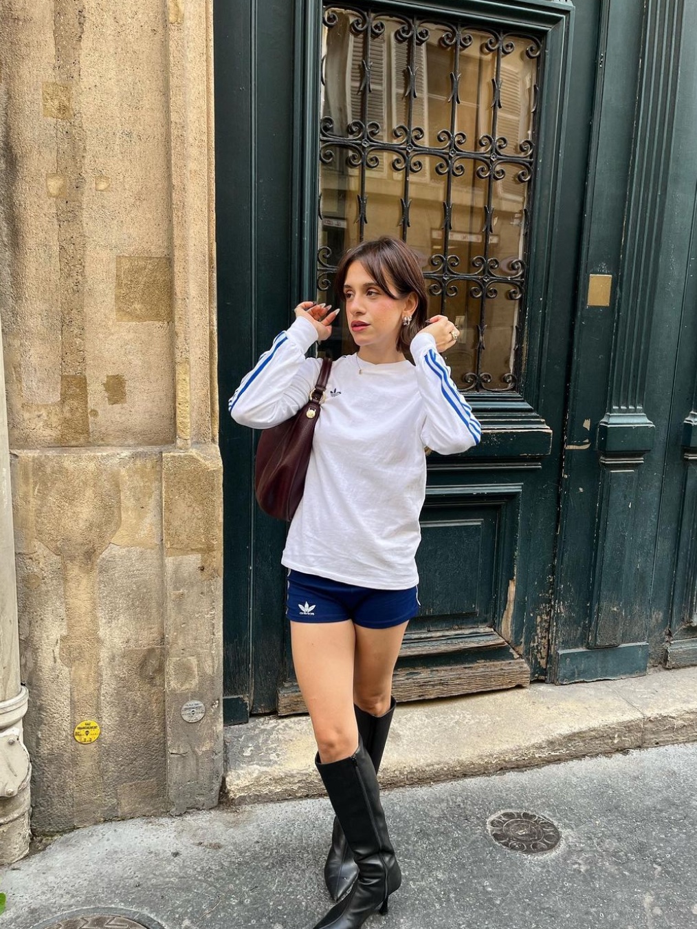 (W) Adidas x Sporty & Rich Shorts Legend Ink - KR Sizing, (W) Adidas 3-Stripes Woven Shorts Black - KR Sizing 착용 스타일 - 6