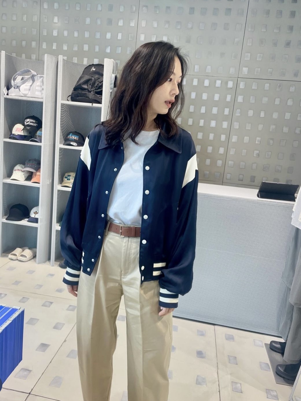Birthdaysuit Satin Stadium Jacket Navy 착용 스타일