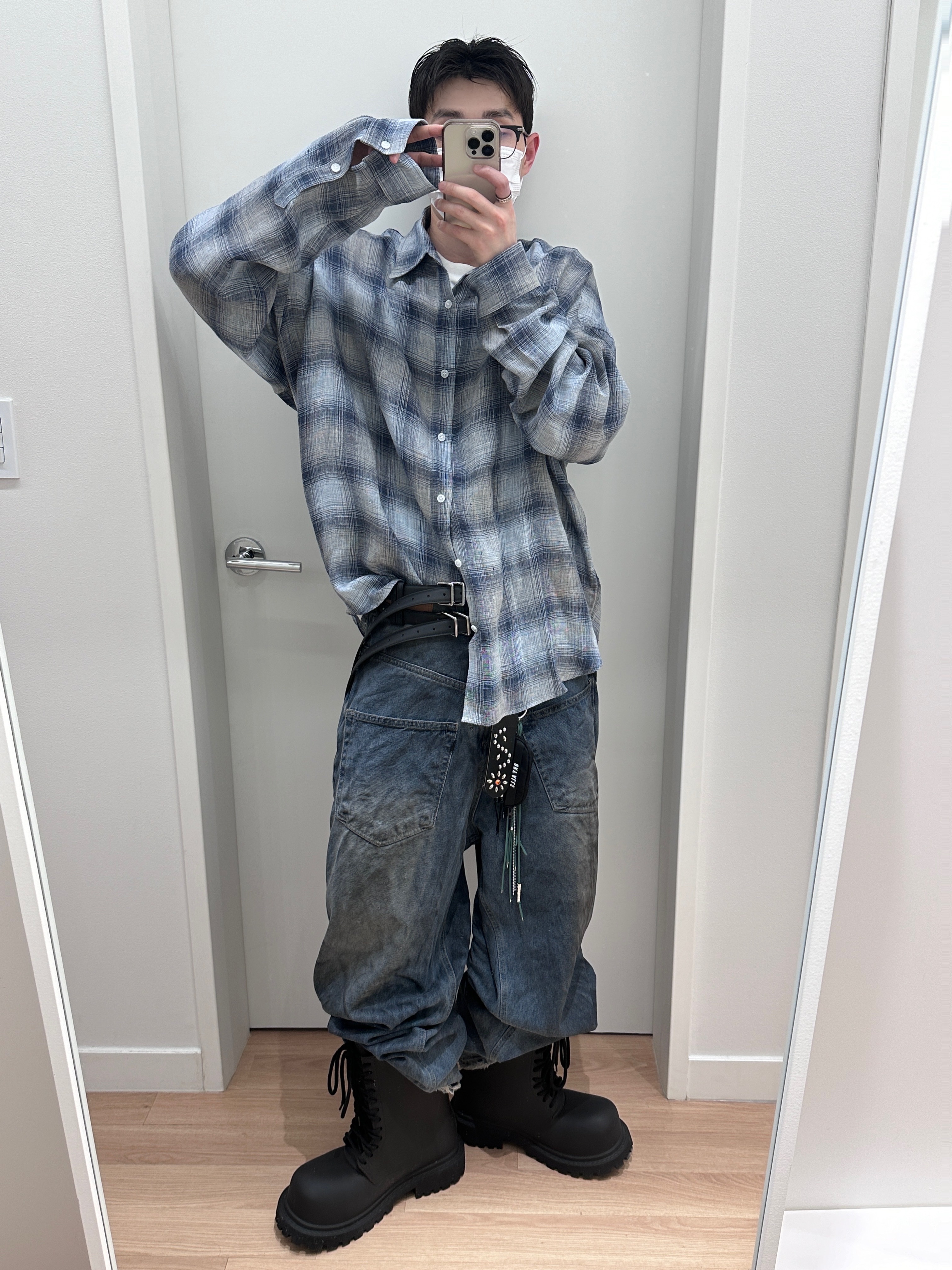 Project G/R Backward Denim Pants Blue, Nonnod Flexible String Check Shirt Japanese Linen Blue 착용 스타일 - 1