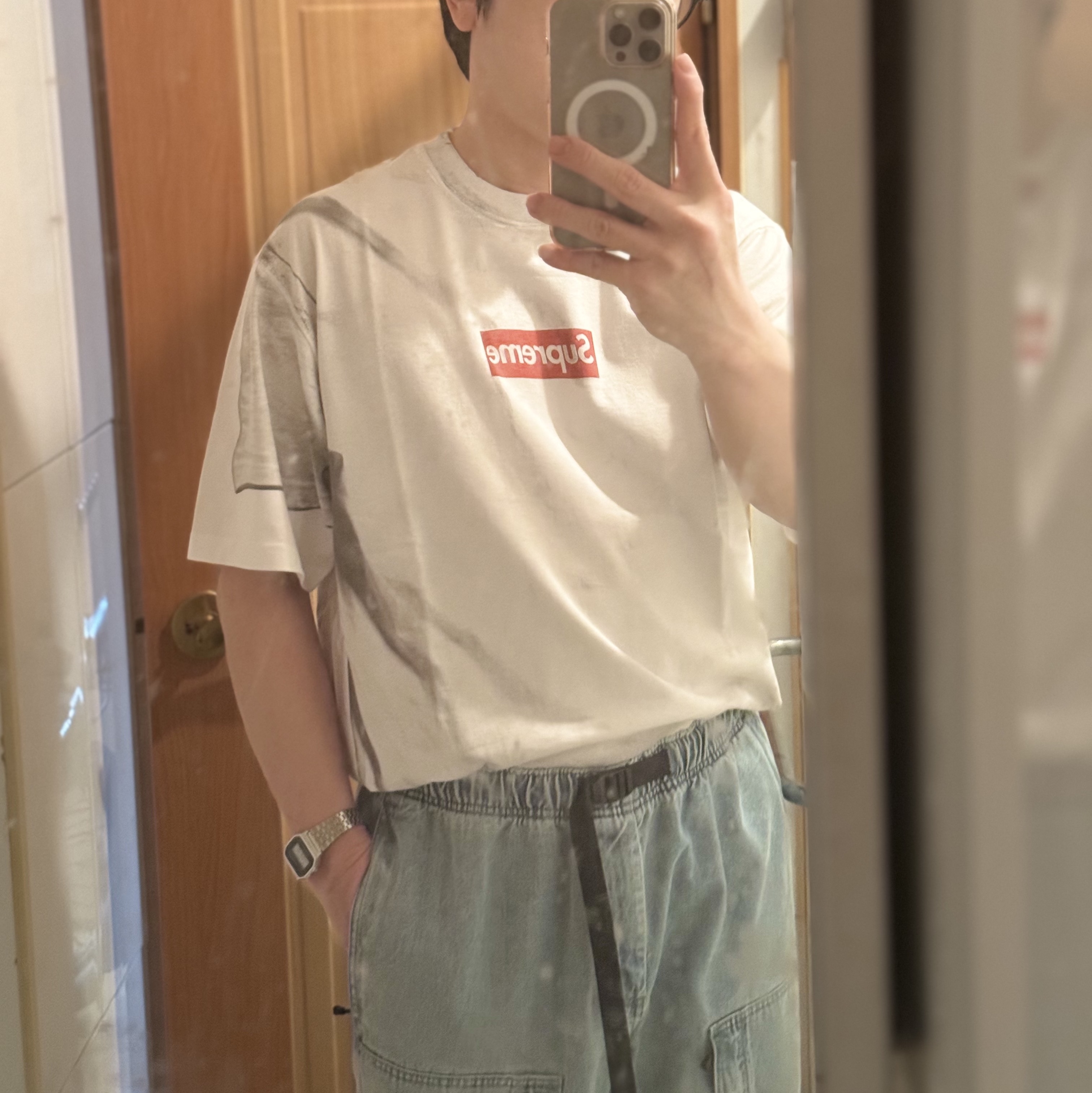 Supreme x MM6 Maison Margiela Box Logo T-Shirt White - 24SS 착용 스타일