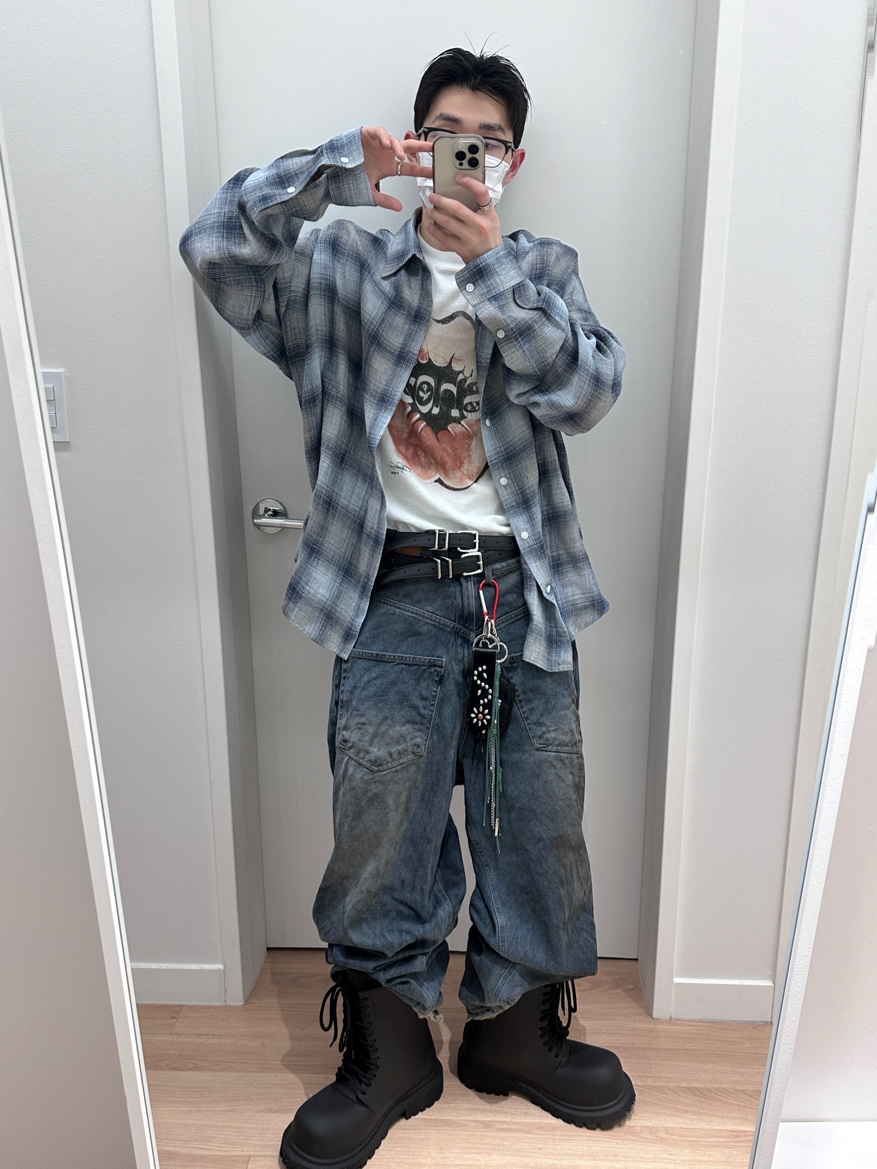 Project G/R Backward Denim Pants Blue, Nonnod Flexible String Check Shirt Japanese Linen Blue 착용 스타일 - 3