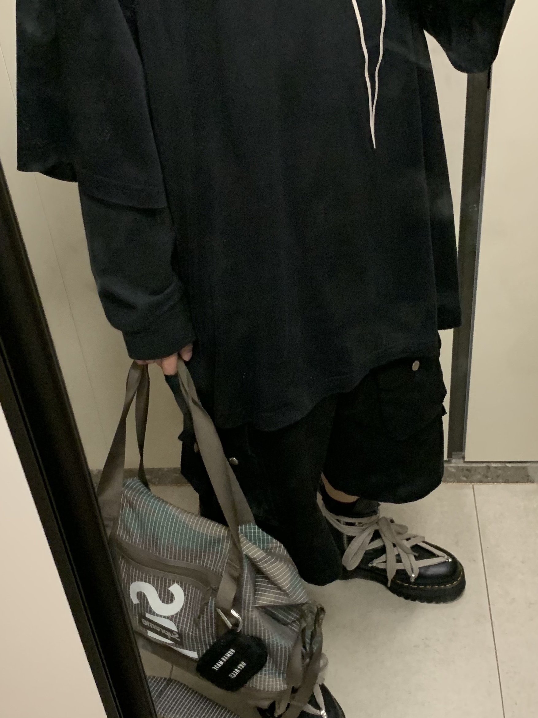 Dr. Martens x Rick Owens 1460 RO Leather Lace Up Platform Boots Black Lunar, Supreme Tote Bag Woodland Camo - 24SS 착용 스타일 - 1