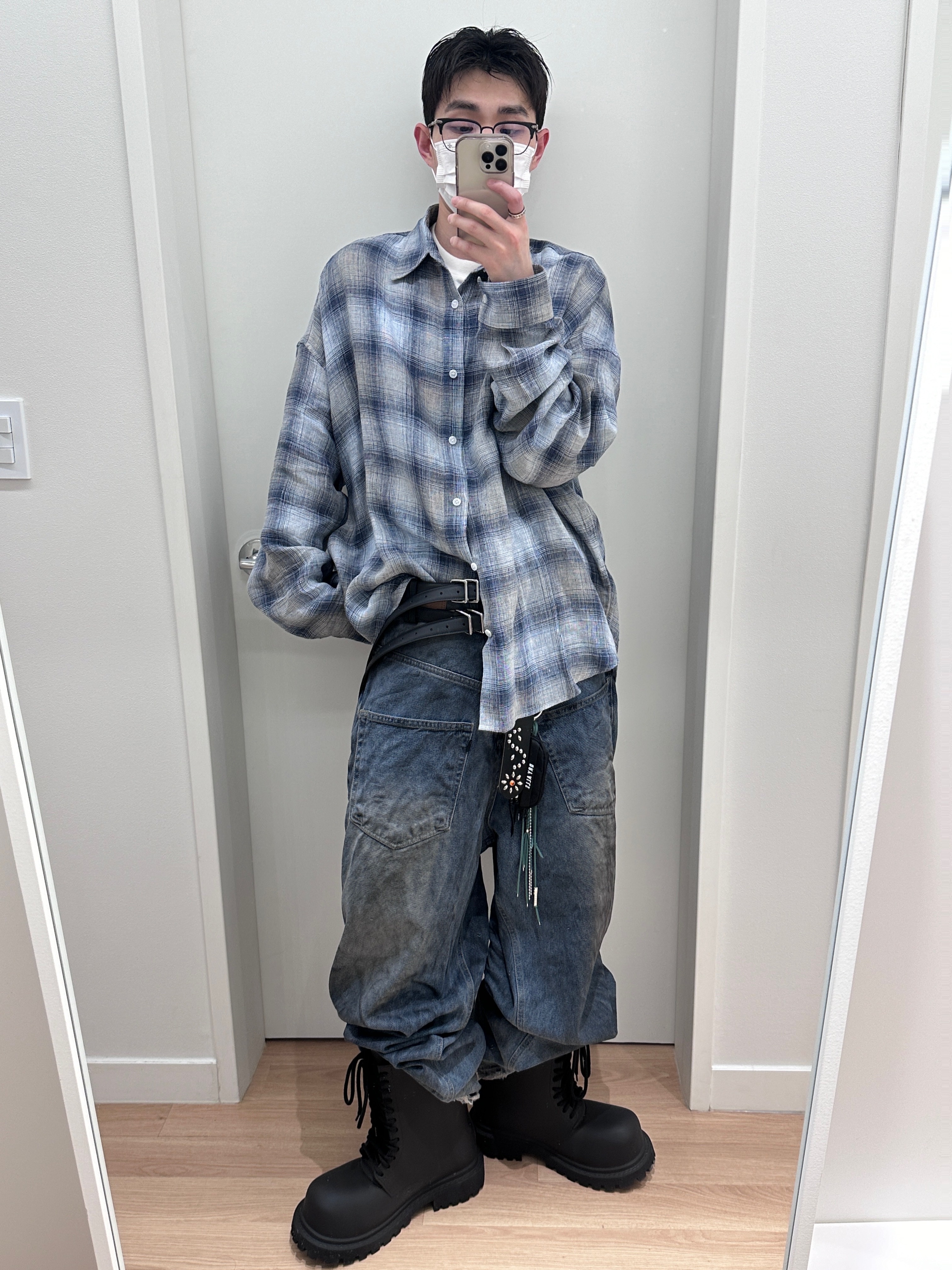 Project G/R Backward Denim Pants Blue, Nonnod Flexible String Check Shirt Japanese Linen Blue 착용 스타일 - 2