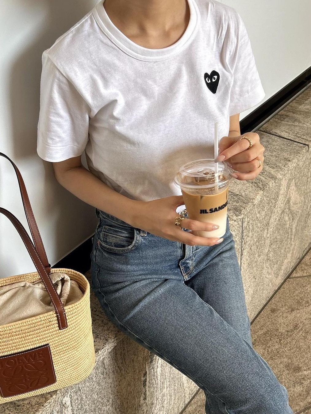 Play Comme des Garcons Black Heart T-Shirt White, Play Comme des Garcons Red Double Heart Polo Shirt White 착용 스타일 - 6