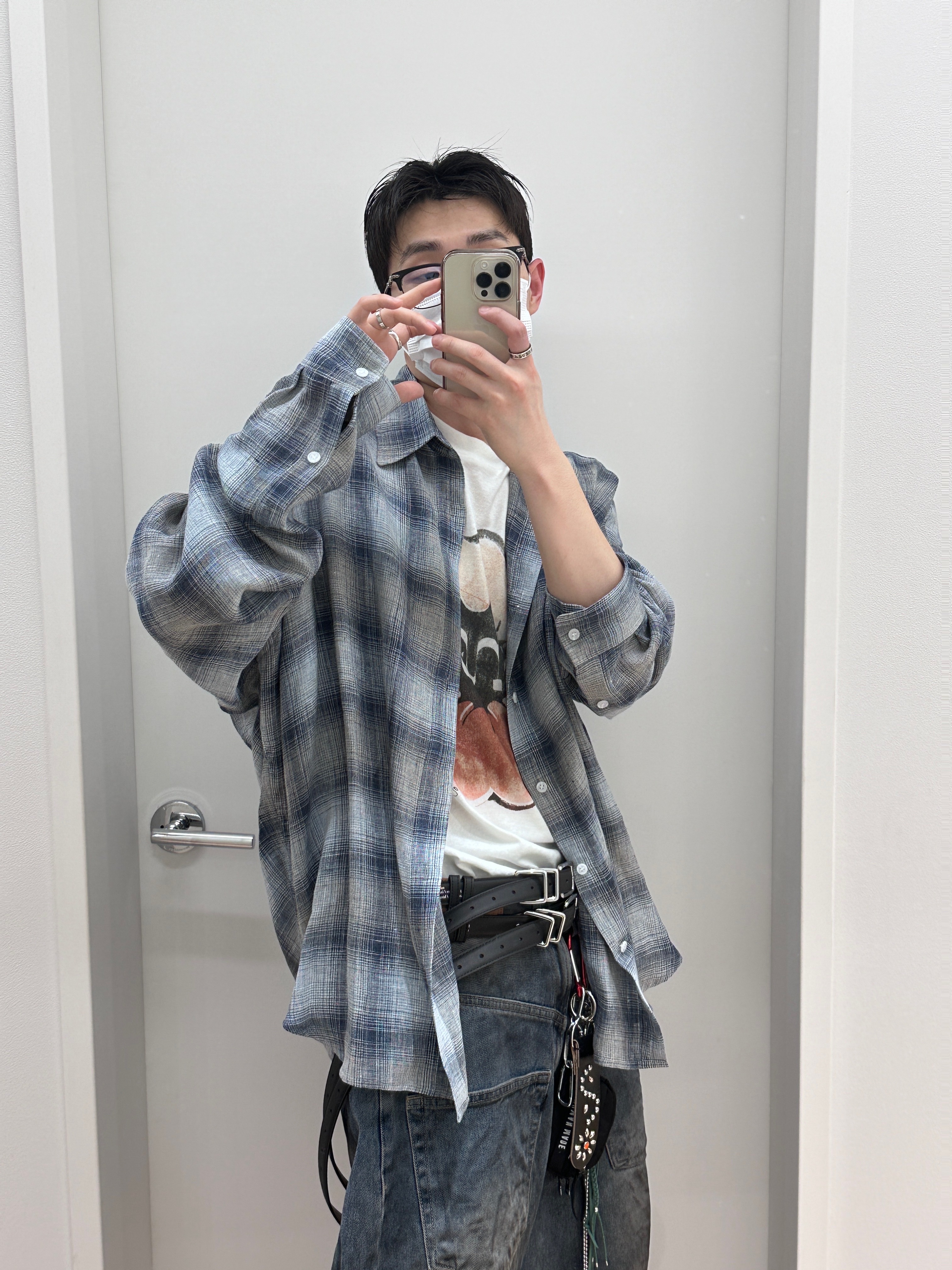 Project G/R Backward Denim Pants Blue, Nonnod Flexible String Check Shirt Japanese Linen Blue 착용 스타일 - 4