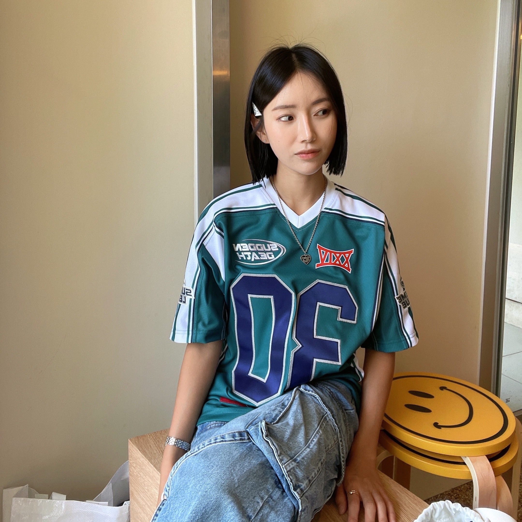 Supreme Sudden Death Football Jersey Teal - 24SS, Human Made Heart Silver Necklace Black 착용 스타일 - 1