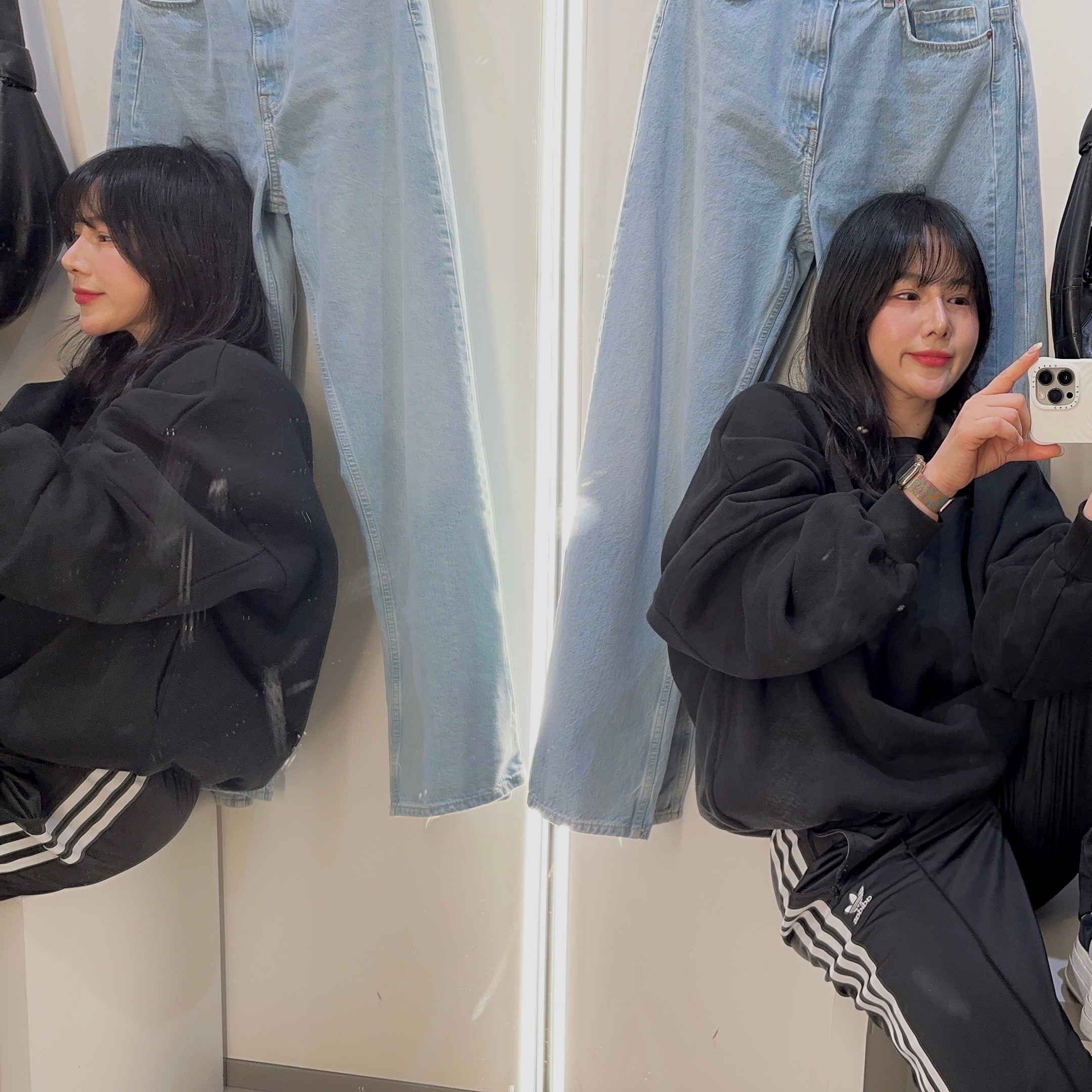 (W) Adidas Originals Firebird Loose Track Pants Black - KR Sizing, (W) Adidas Gazelle Bold Core Black Cloud White 착용 스타일