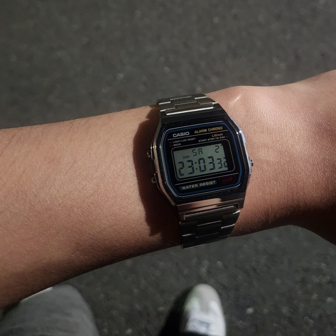 Casio A-158WA-1, Adidas Samba OG Core White Halo Blue 착용 스타일
