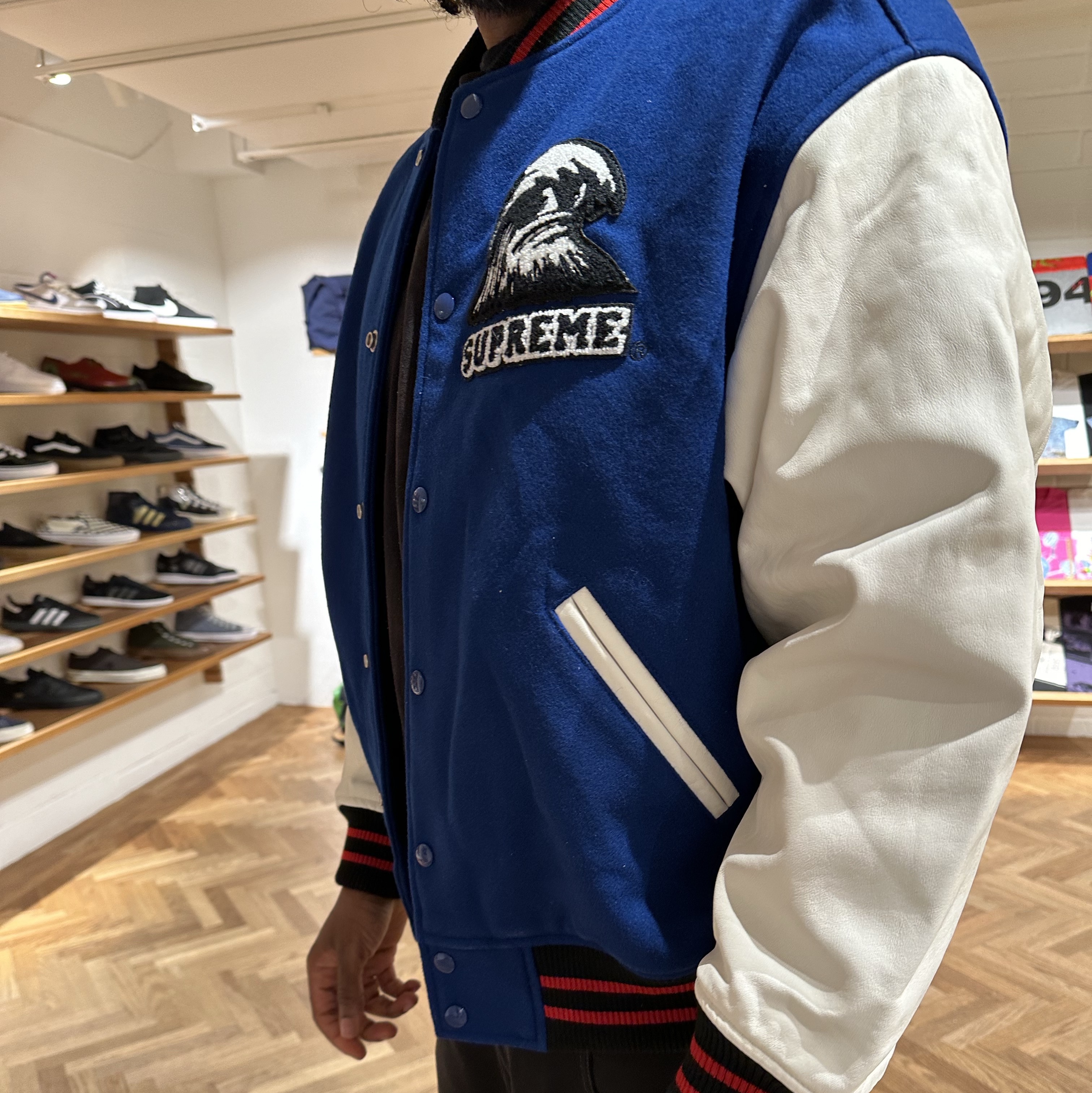 Supreme Wave Varsity Jacket Blue - 24SS 착용 스타일