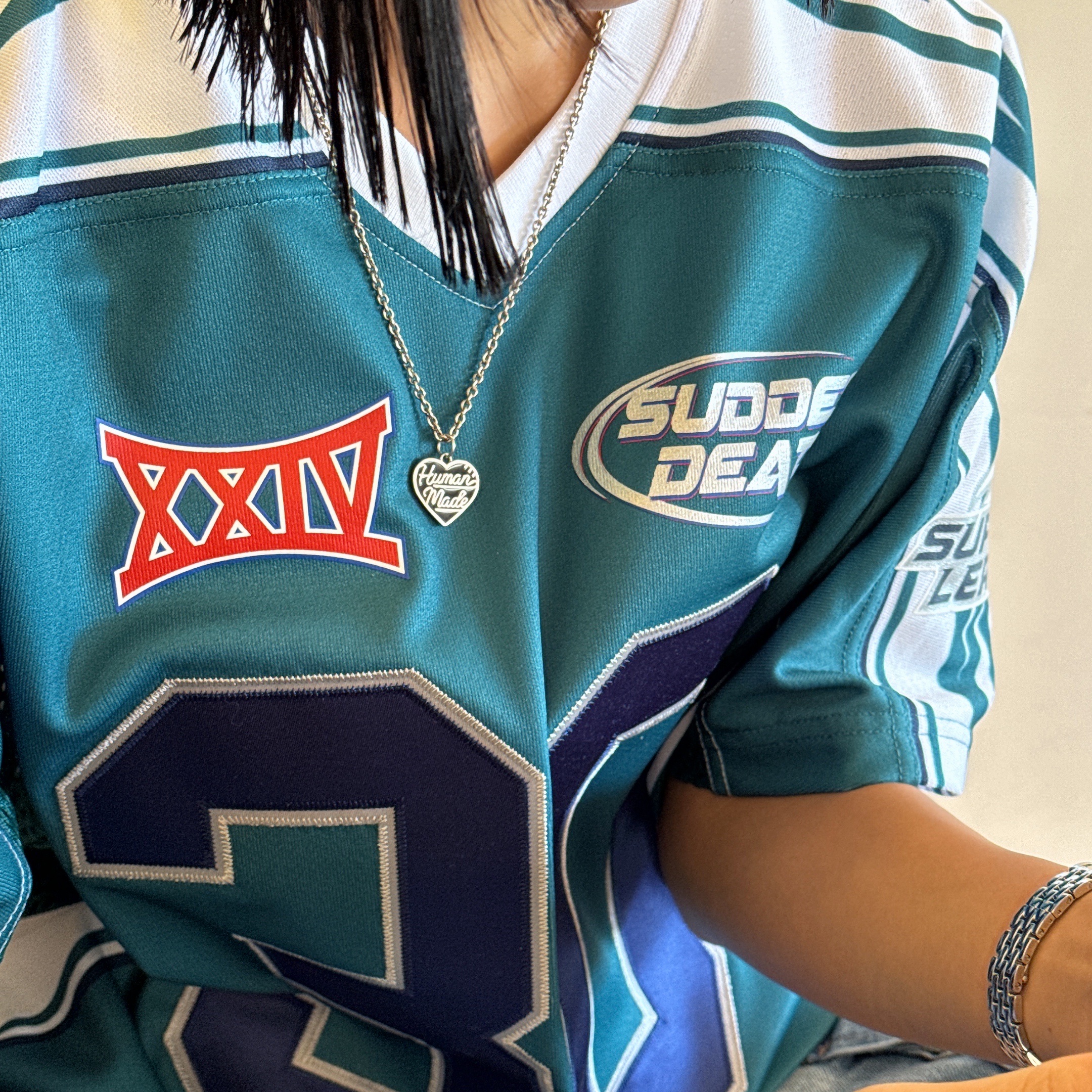 Supreme Sudden Death Football Jersey Teal - 24SS, Human Made Heart Silver Necklace Black 착용 스타일 - 2