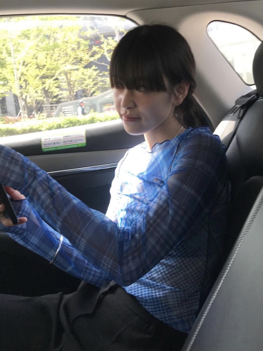 Gyeong Check Mesh Top Blue Check, Gyeong Check Mesh Top Pink Check 착용 스타일