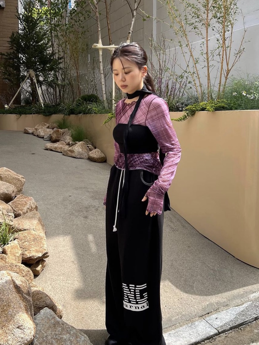 Gyeong Check Mesh Top Pink Check, Gyeong Check Mesh Top Blue Check 착용 스타일