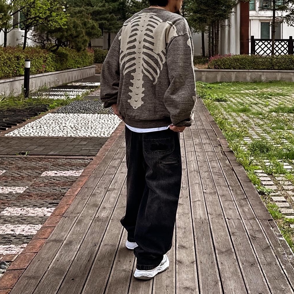 Kapital Fleece Big Crewneck Sweat Heather Charcoal, Supreme x Dickies Double Knee Baggy Jean Black - 23FW 착용 스타일 - 1