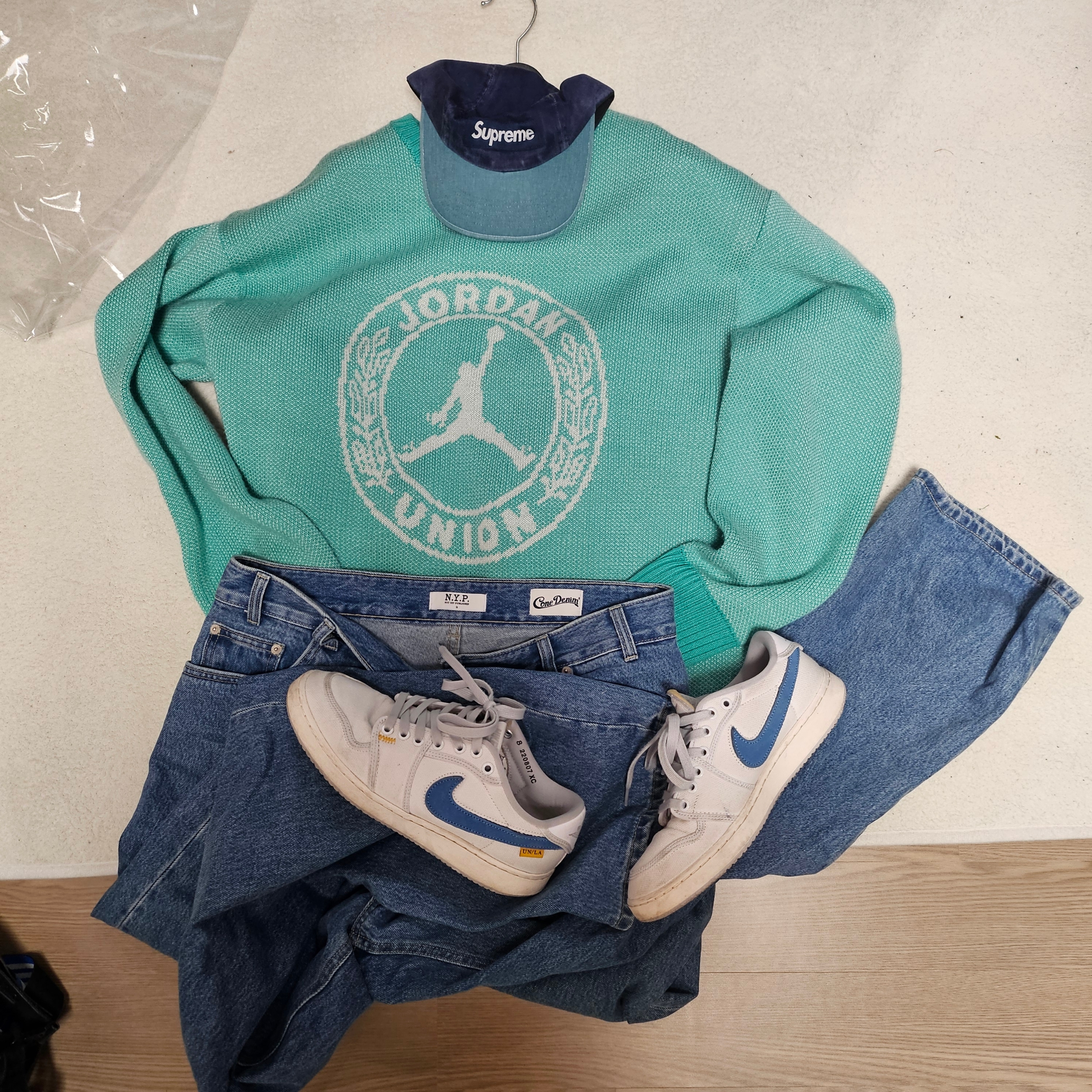 Supreme Pigment 2-Tone Camp Cap Navy - 24SS, Jordan x Union Sweater Kinetic Green - Asia 착용 스타일 - 5