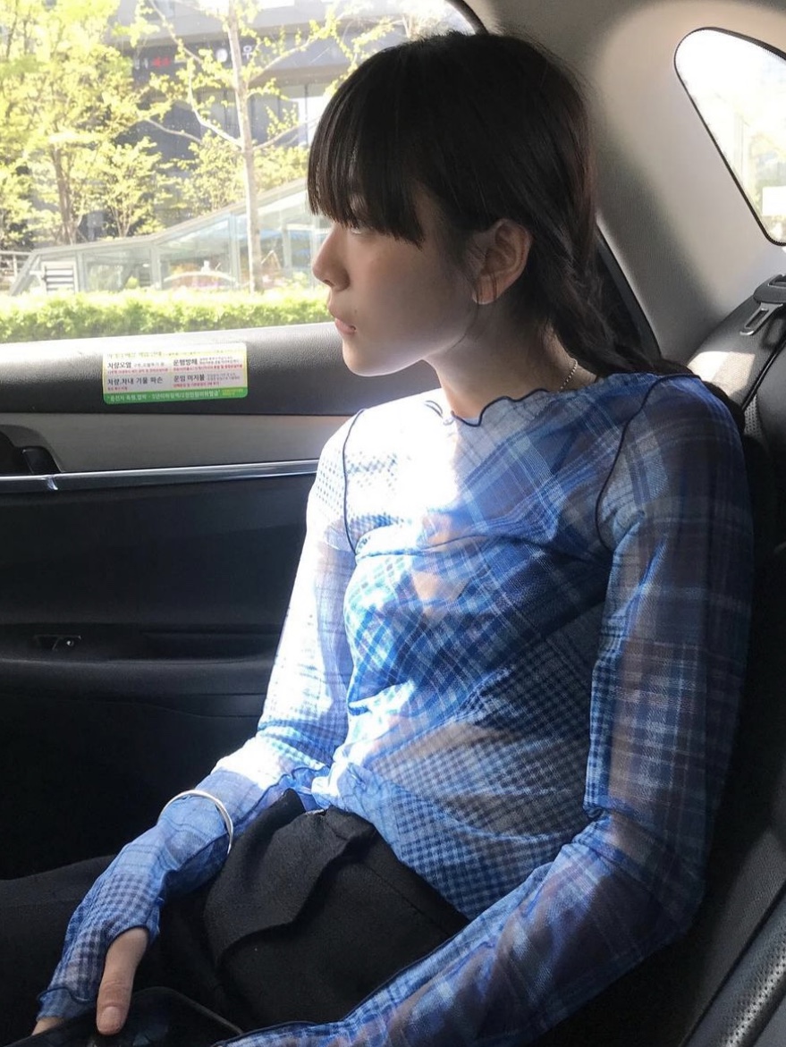 Gyeong Check Mesh Top Blue Check, Gyeong Check Mesh Top Pink Check 착용 스타일