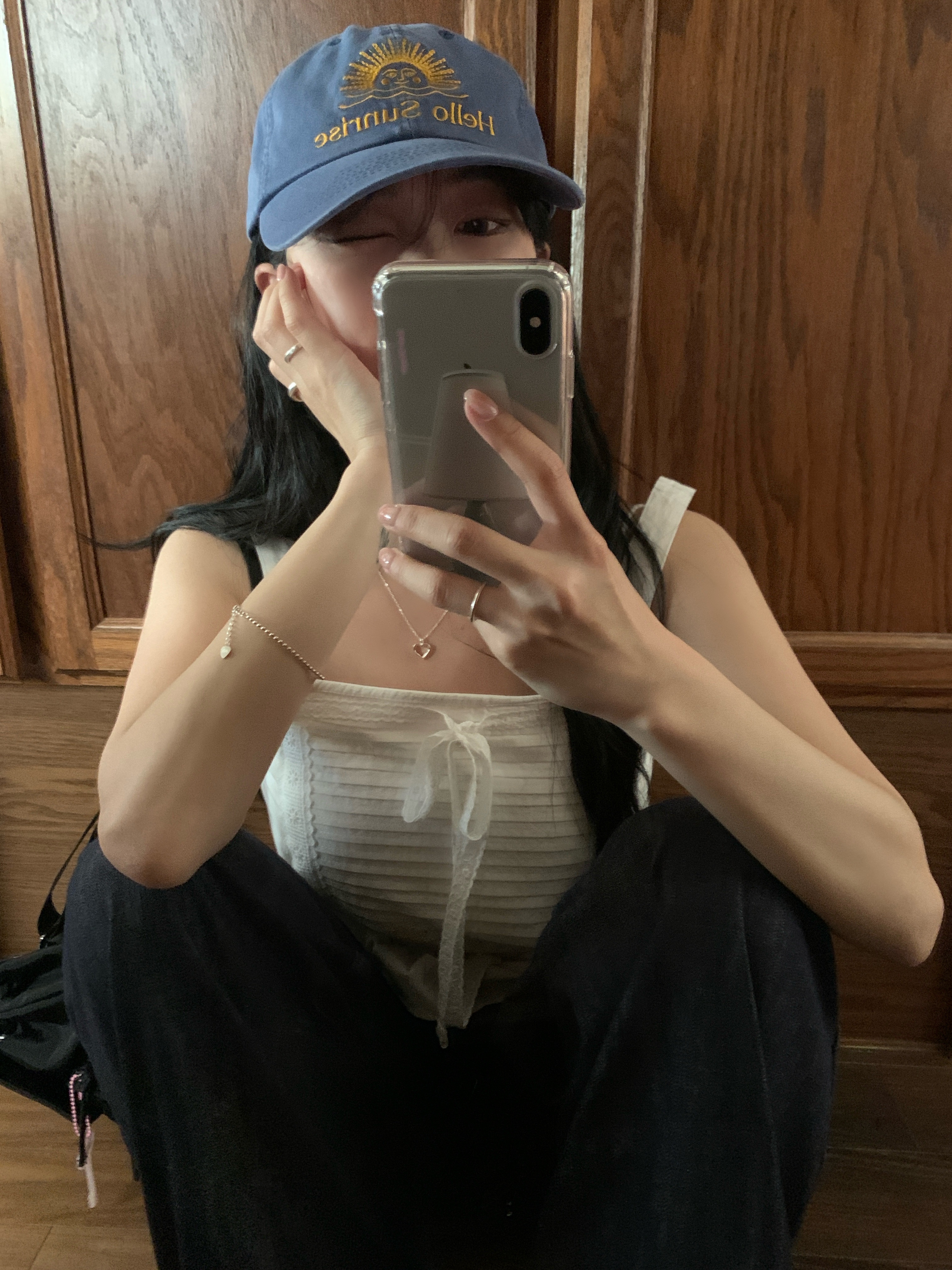 Hello Sunrise Washed OG Logo 6panel Cap Ocean Blue, Hello Sunrise Washed OG Logo 6panel Cap Gray 착용 스타일 - 2