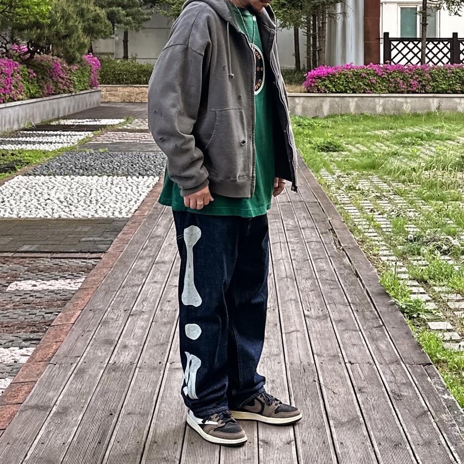 Kapital 12.5 oz. Denim Mexican Tuxedo 5P Okagilly Pants Indigo, Saint Mxxxxxx Zip Parka Damage Black 착용 스타일 - 1