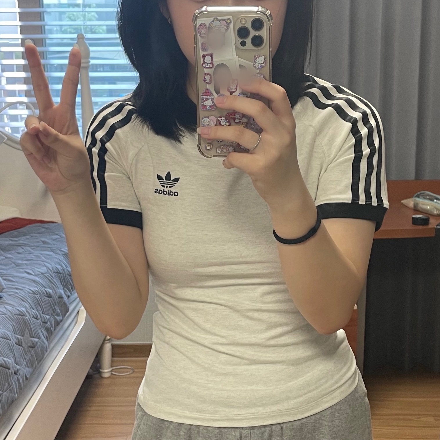 (W) Adidas 3-Stripes Slim Raglan T-Shirt White Melange - KR Sizing 착용 스타일