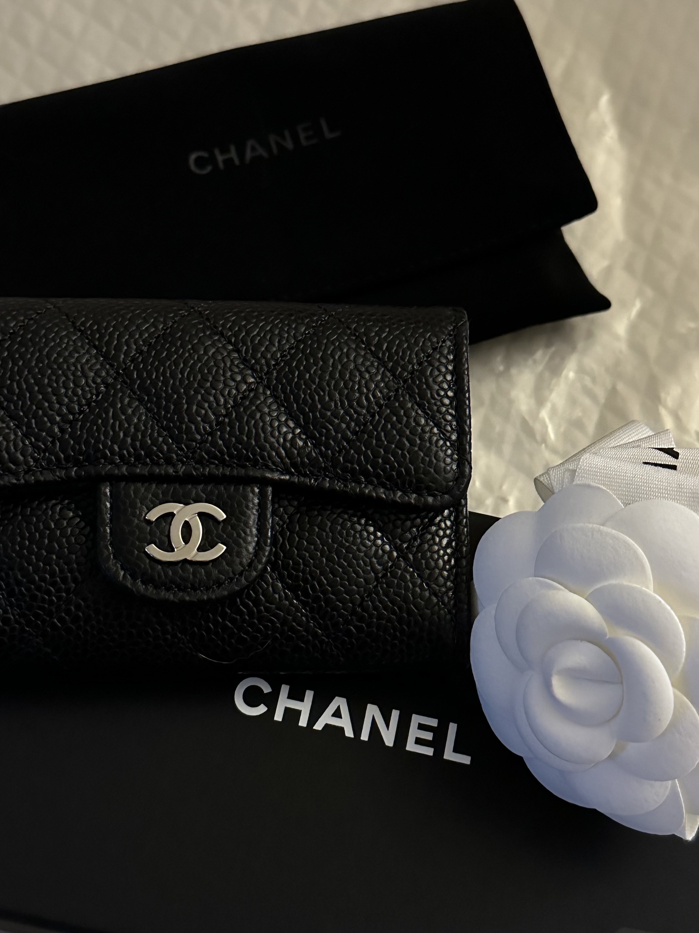 Chanel Classic Card Holder Grained Calfskin & Silver Black 착용 스타일