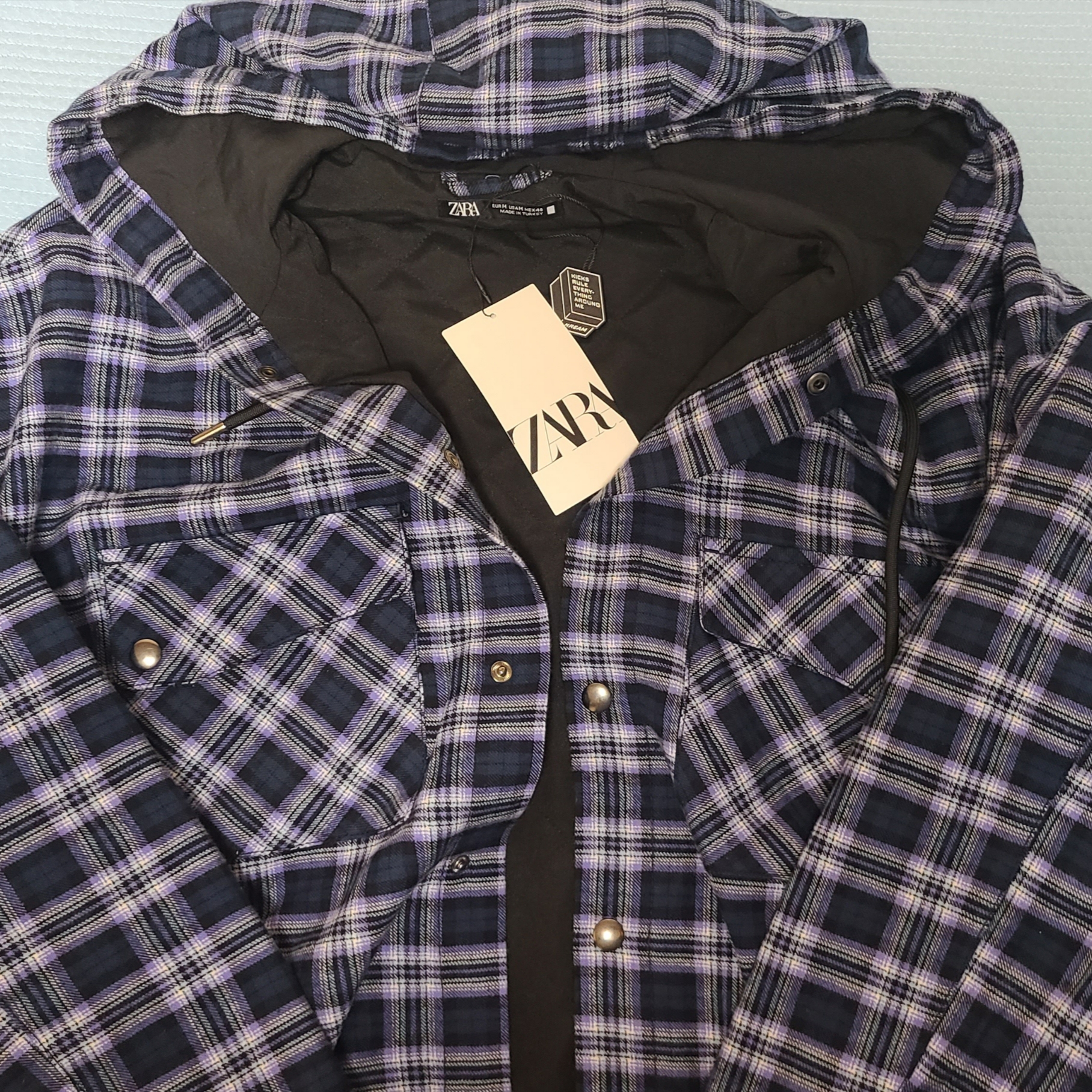 Zara Hooded Check Overshirt Blue 착용 스타일 - 3